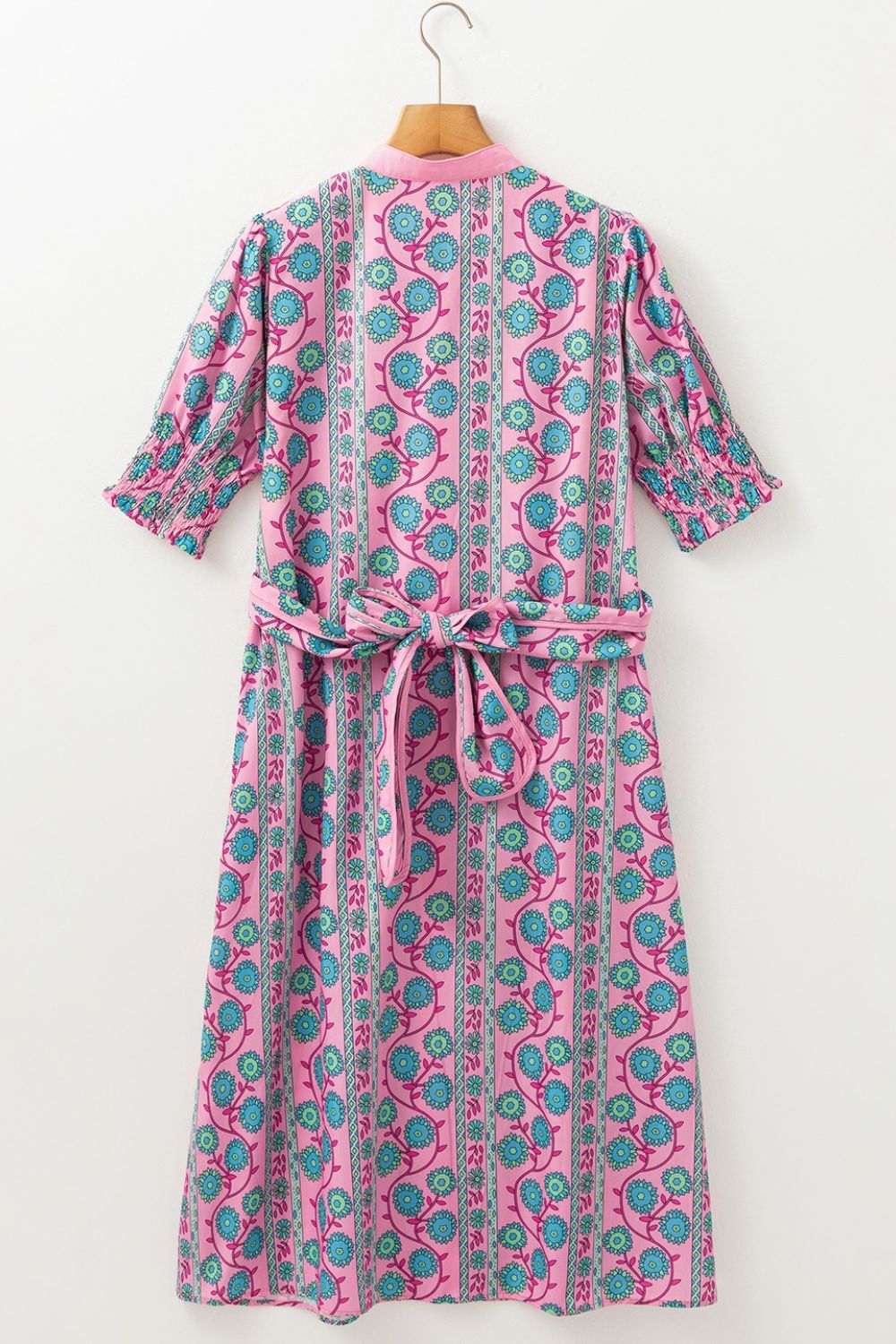 Printed Shirred Sleeve Buttoned Front Midi Dress with Sash.