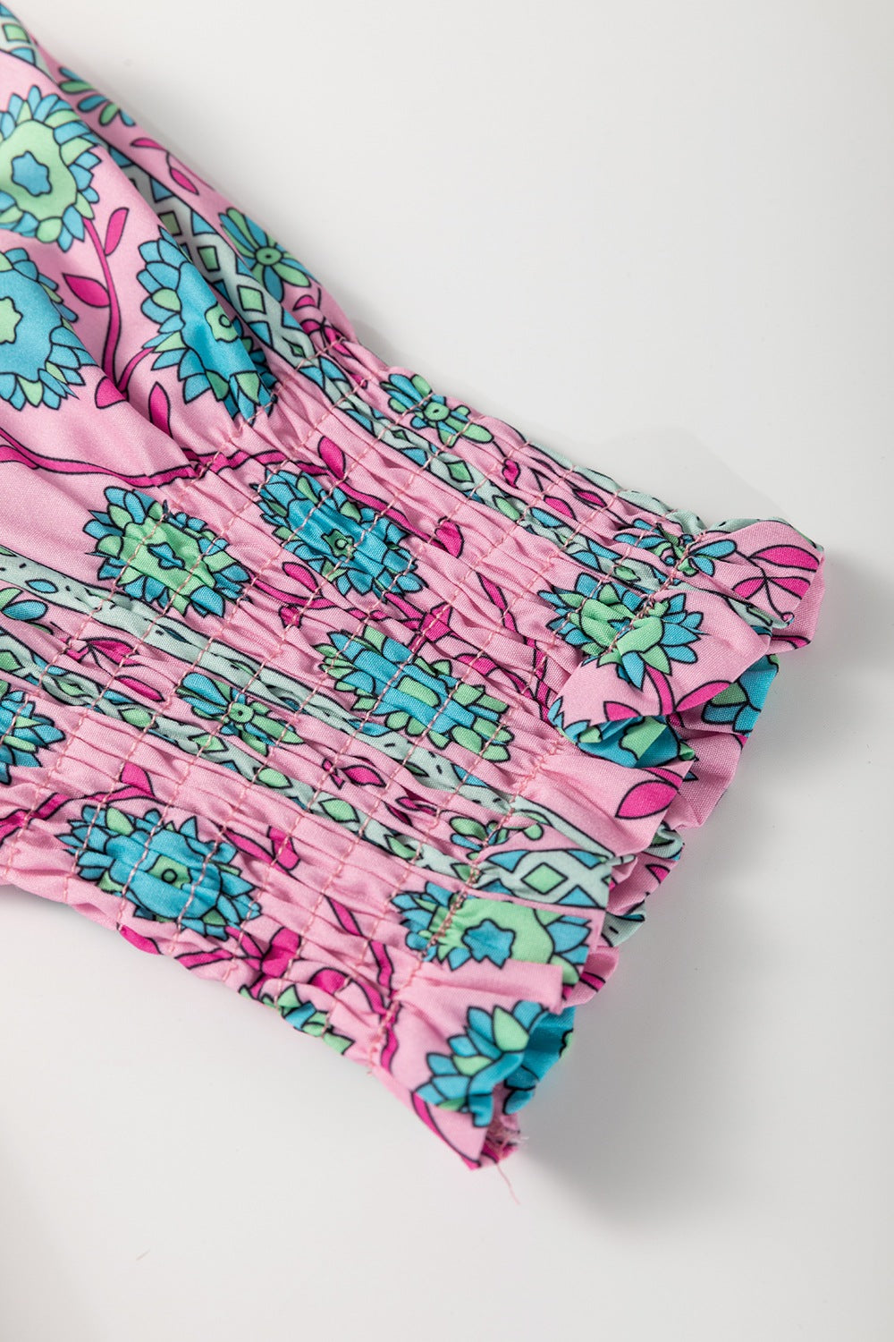 Printed Shirred Sleeve Buttoned Front Midi Dress with Sash.