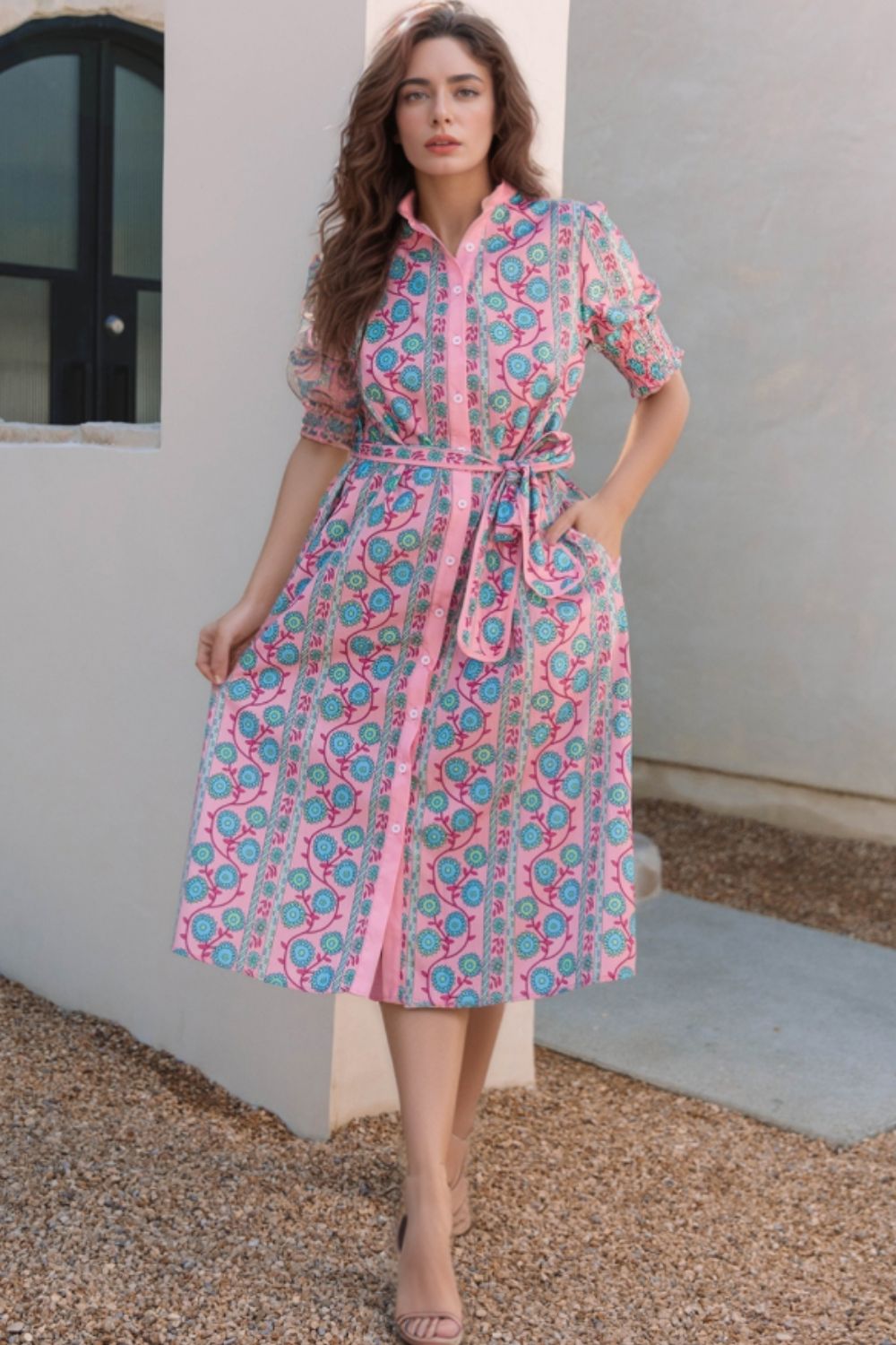Printed Shirred Sleeve Buttoned Front Midi Dress with Sash.