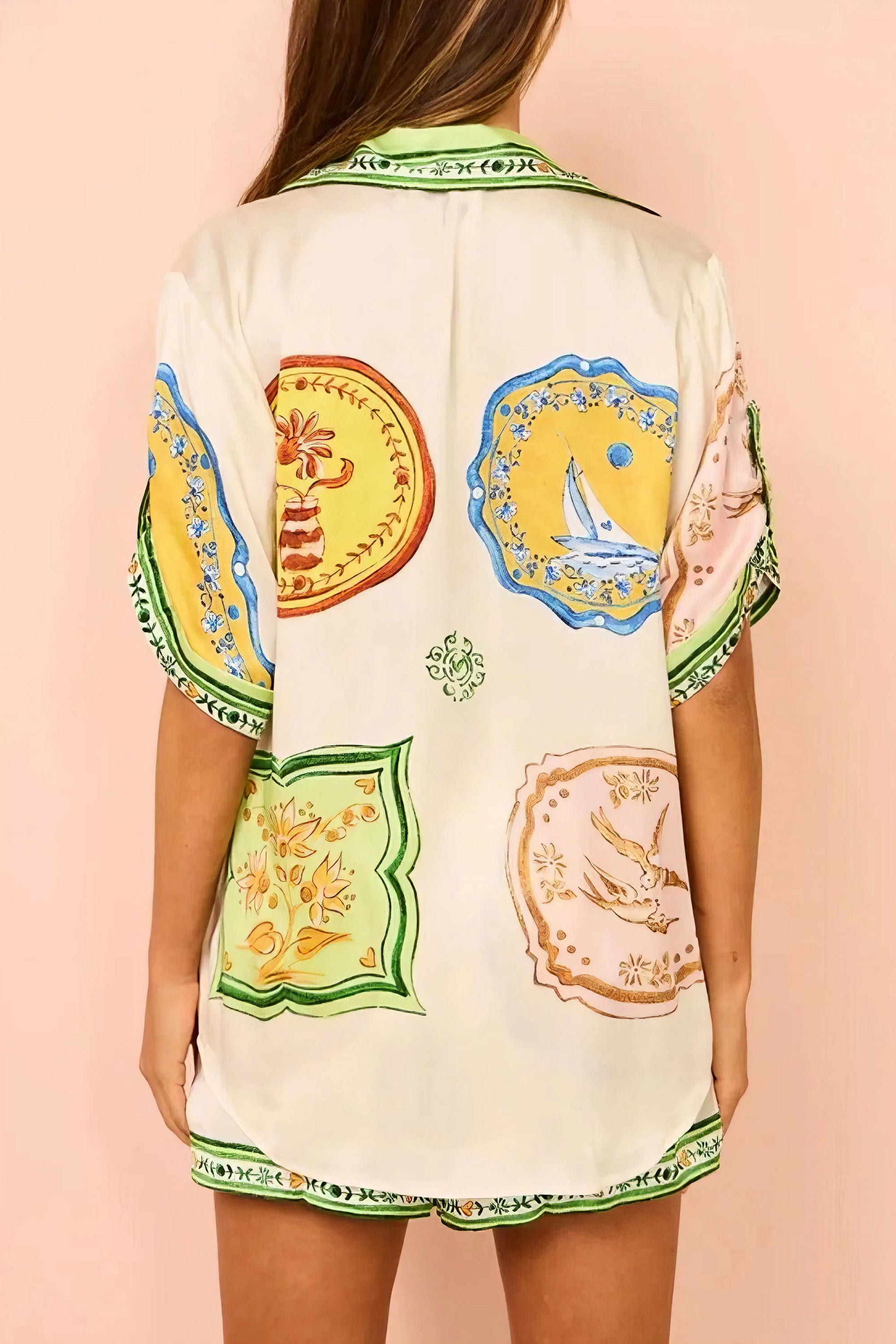Printed short sleeve button down top and shorts set, women's stylish two-piece outfit, comfortable printed set, buttoned top, drawstring shorts, non-stretch polyester, ideal for casual and chic wear
