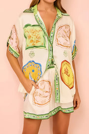 Printed short sleeve button down top and shorts set, women's stylish two-piece outfit, comfortable printed set, buttoned top, drawstring shorts, non-stretch polyester, ideal for casual and chic wear