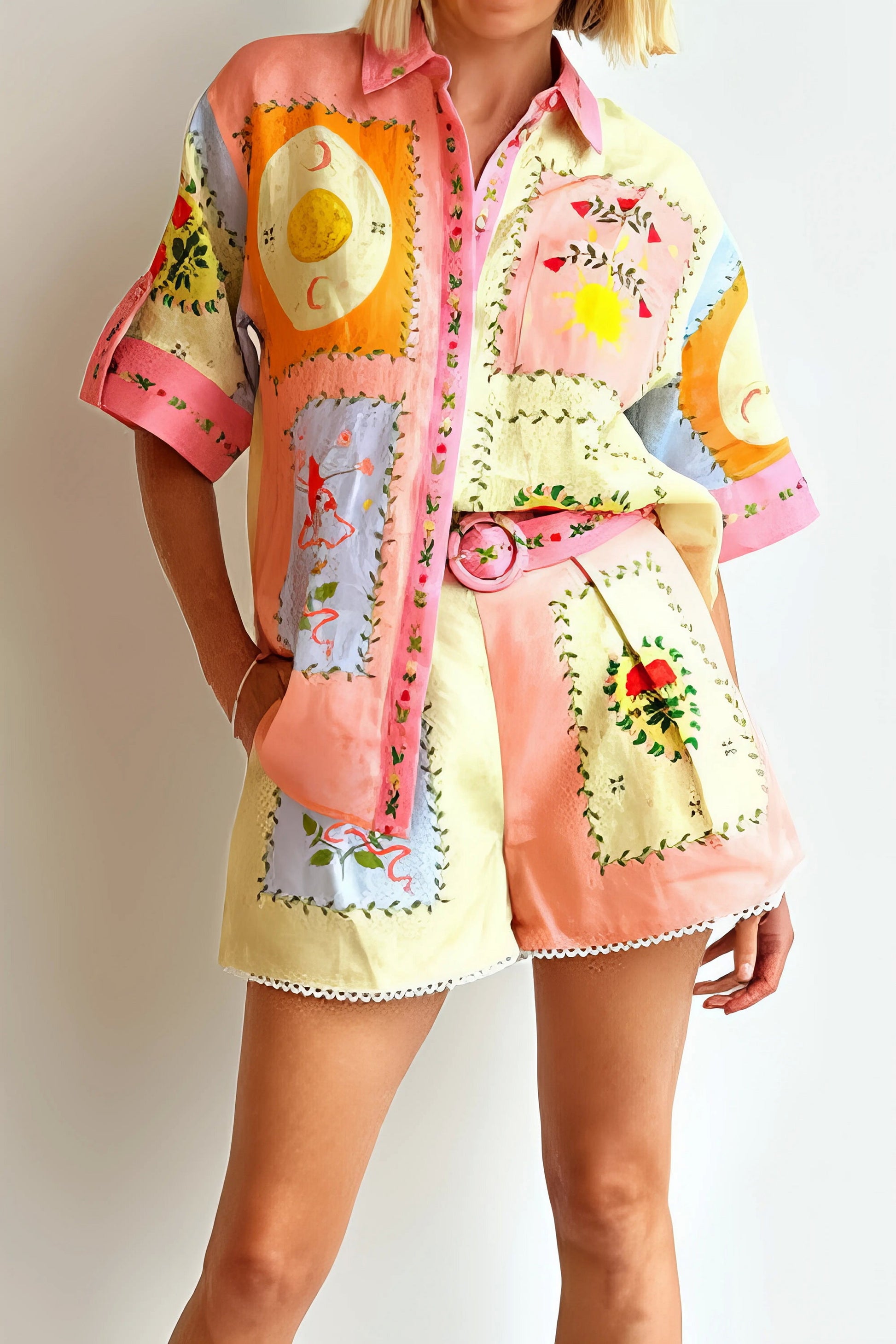 Printed short sleeve shirt and shorts set, women's stylish two-piece outfit, comfortable linen polyester blend, practical pockets, buttoned shirt, belted shorts, non-stretch fabric, ideal for a coordinated and fashionable look