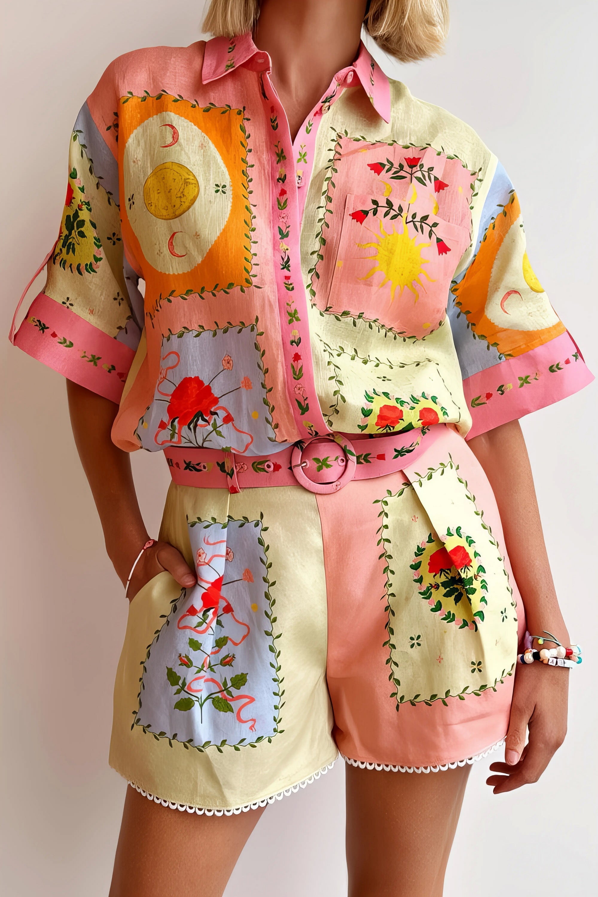 Printed short sleeve shirt and shorts set, women's stylish two-piece outfit, comfortable linen polyester blend, practical pockets, buttoned shirt, belted shorts, non-stretch fabric, ideal for a coordinated and fashionable look