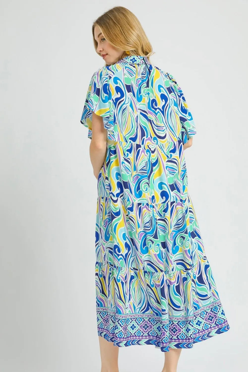 Umgee Printed Short Sleeve Tiered Midi Dress.