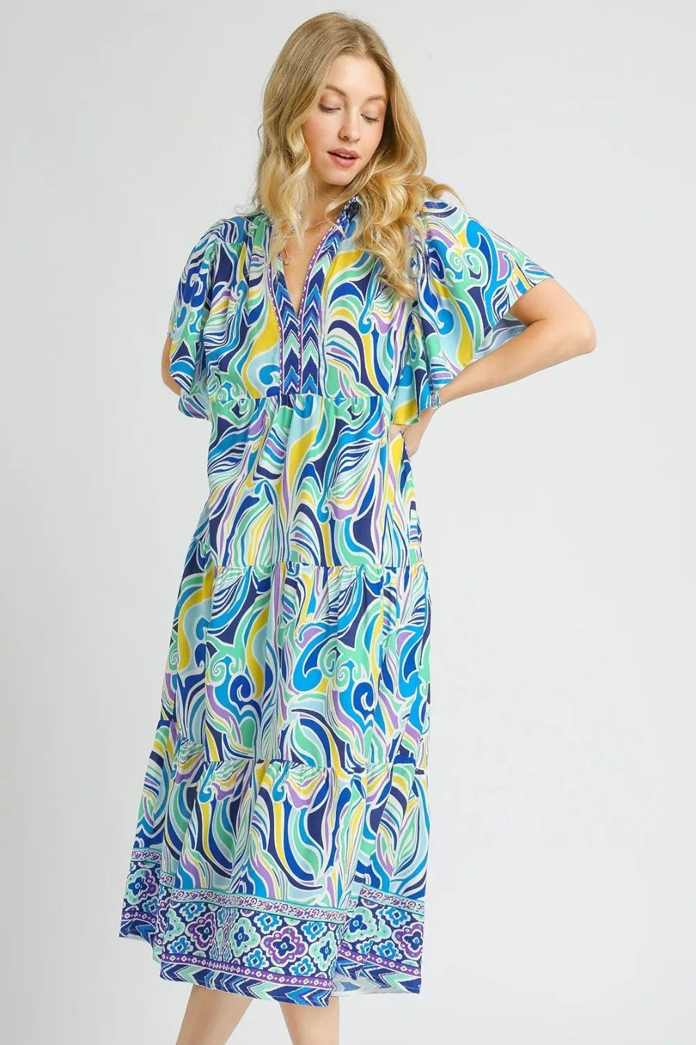 Umgee Printed Short Sleeve Tiered Midi Dress.