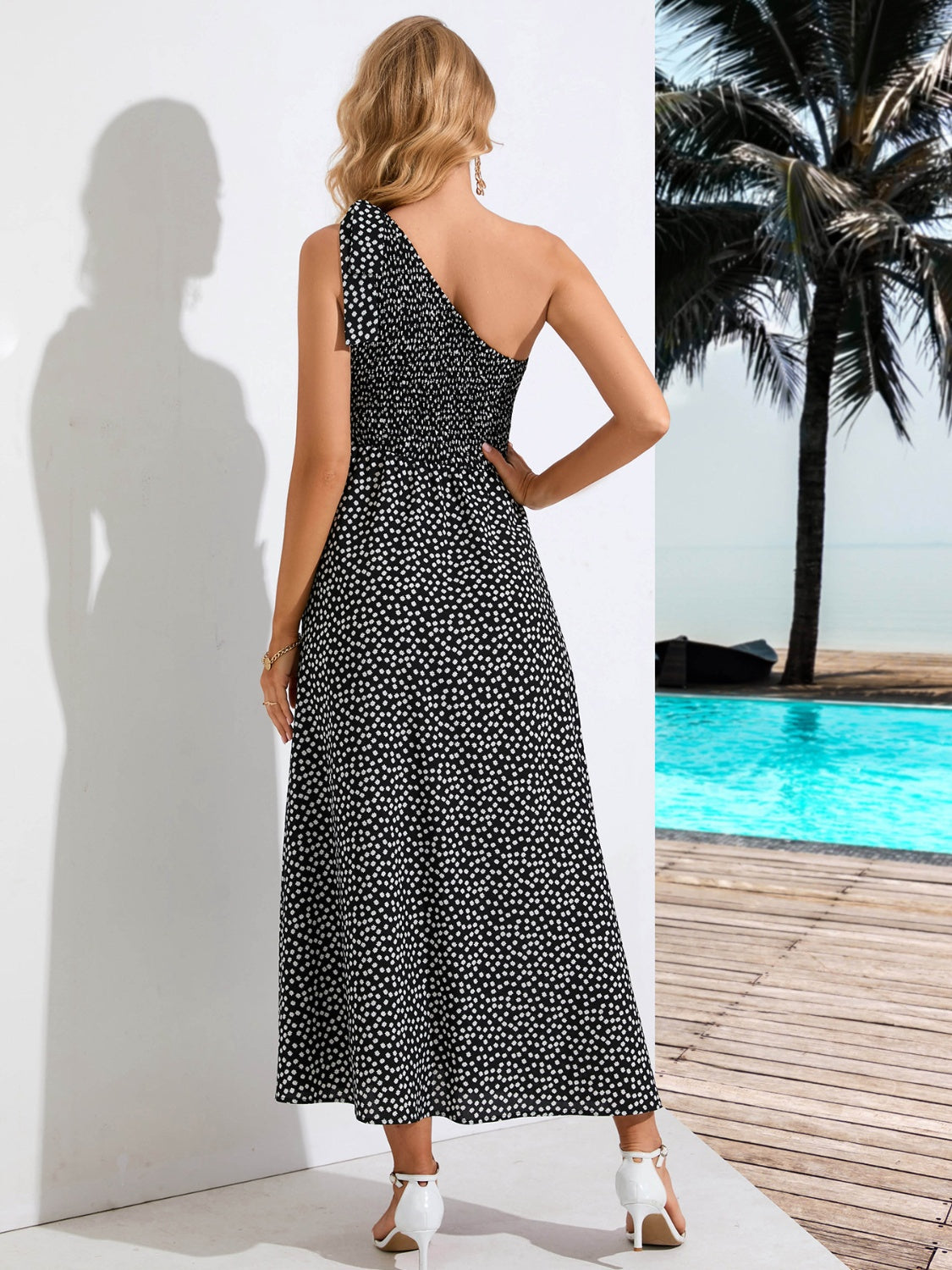 Printed Single Shoulder Midi Dress.