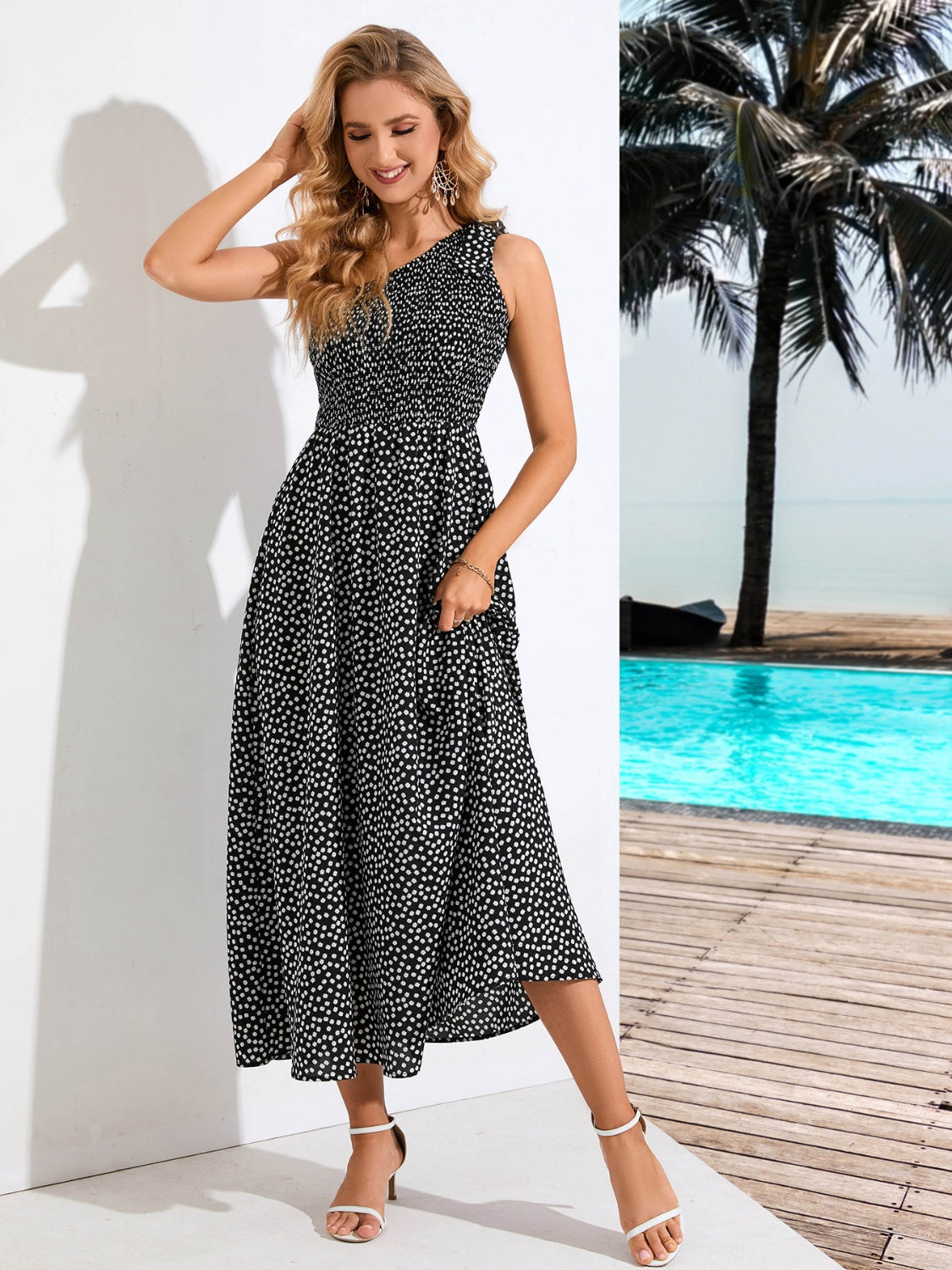 Printed Single Shoulder Midi Dress.