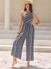 Plus Size Printed V-Neck Wide Leg Jumpsuit with Tie.