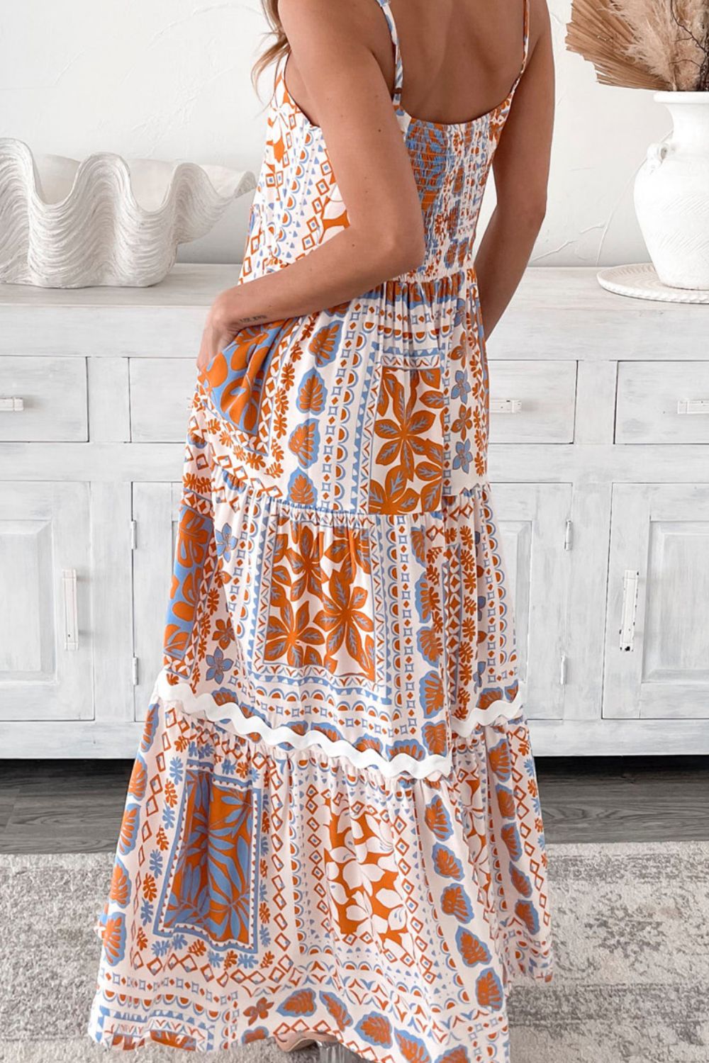 Printed Smocked Back Ricrac Trim Cami Dress.