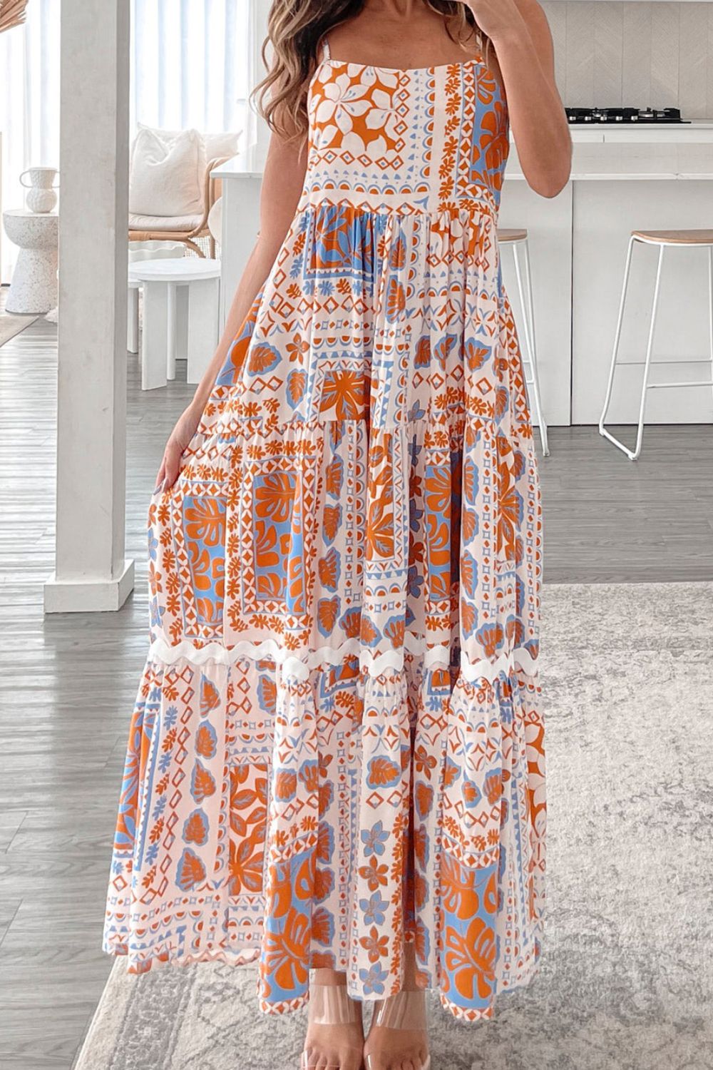 Printed Smocked Back Ricrac Trim Cami Dress.