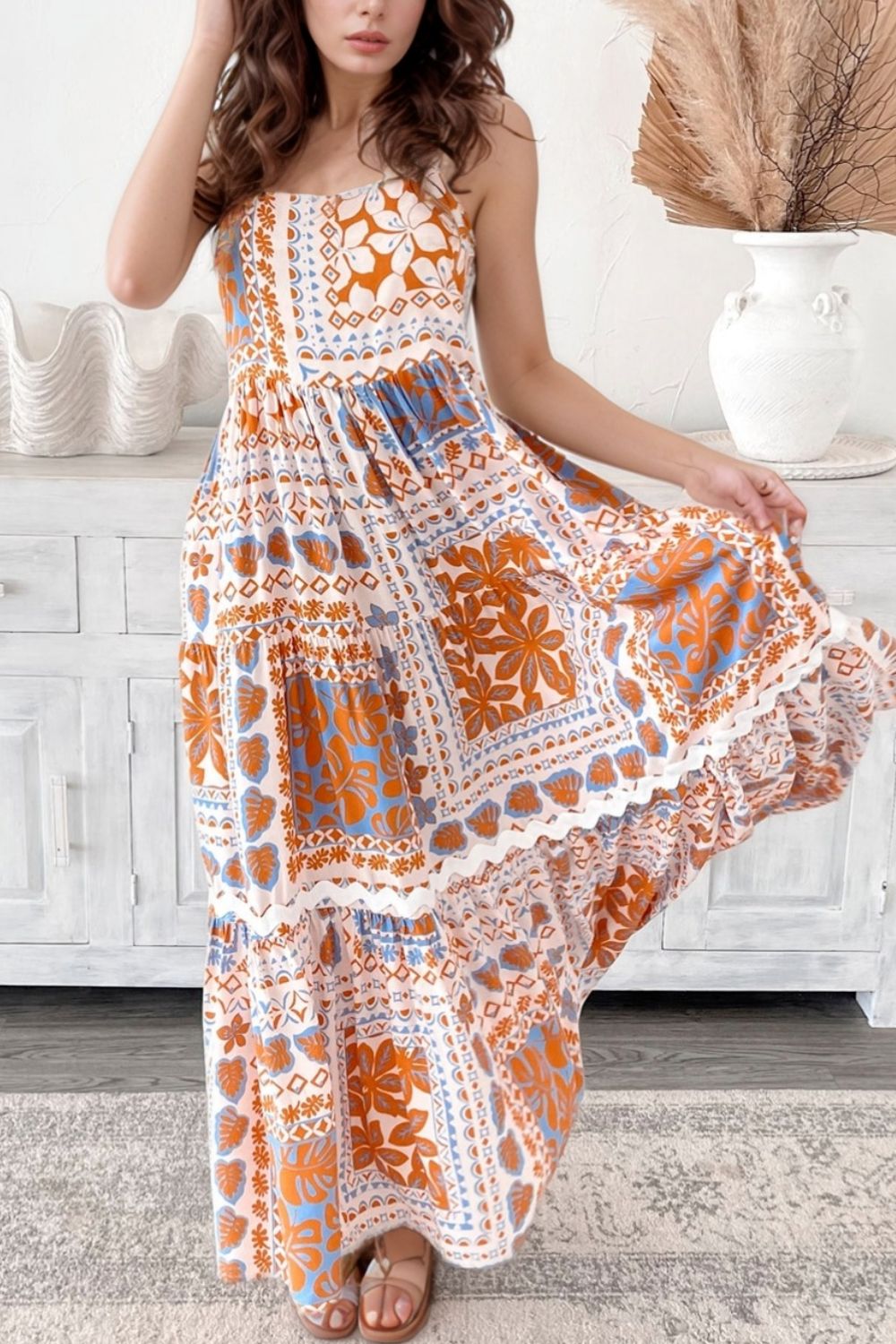 Printed Smocked Back Ricrac Trim Cami Dress.