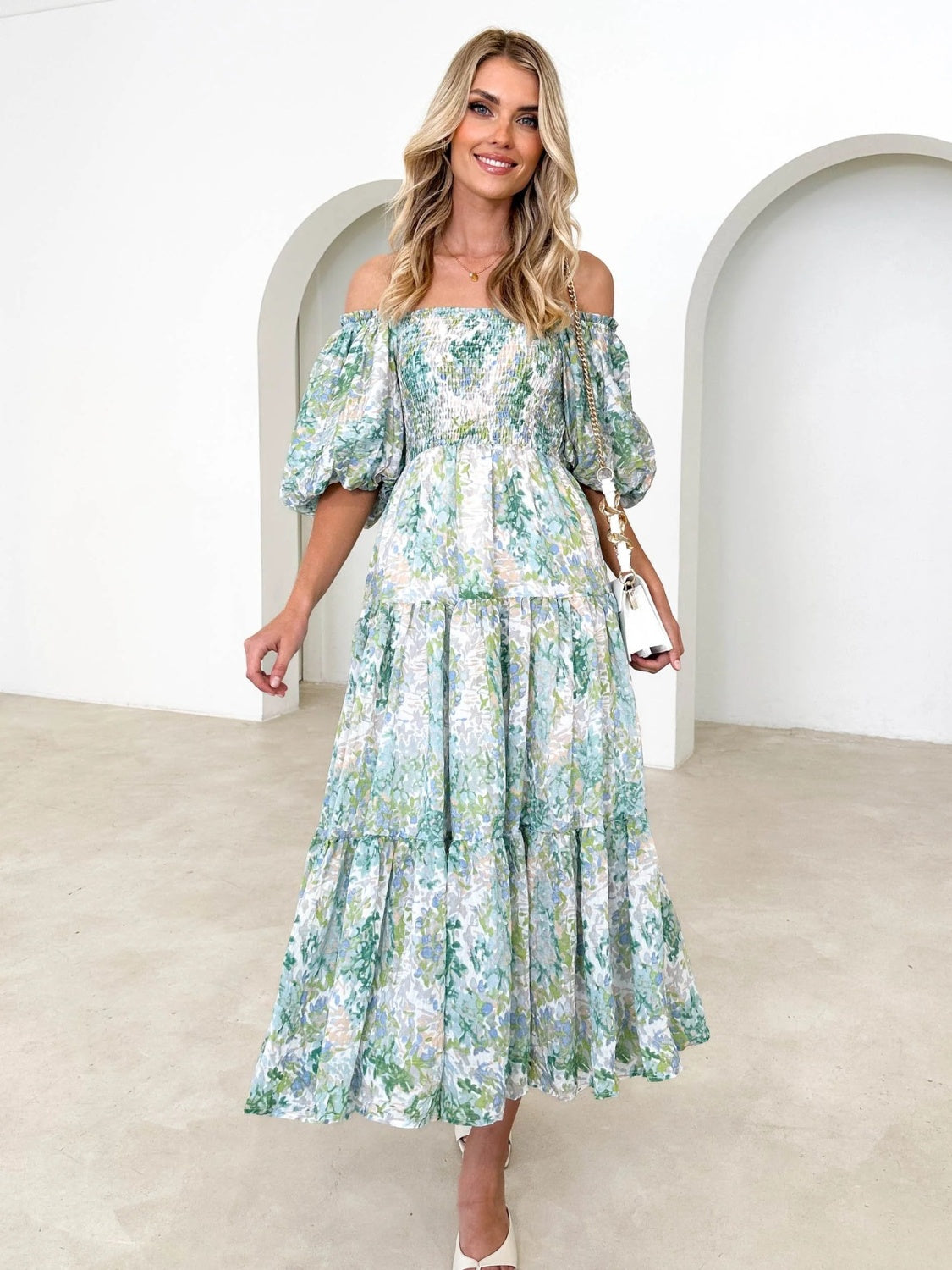 Printed Smocked Off-Shoulder Tiered Dress.