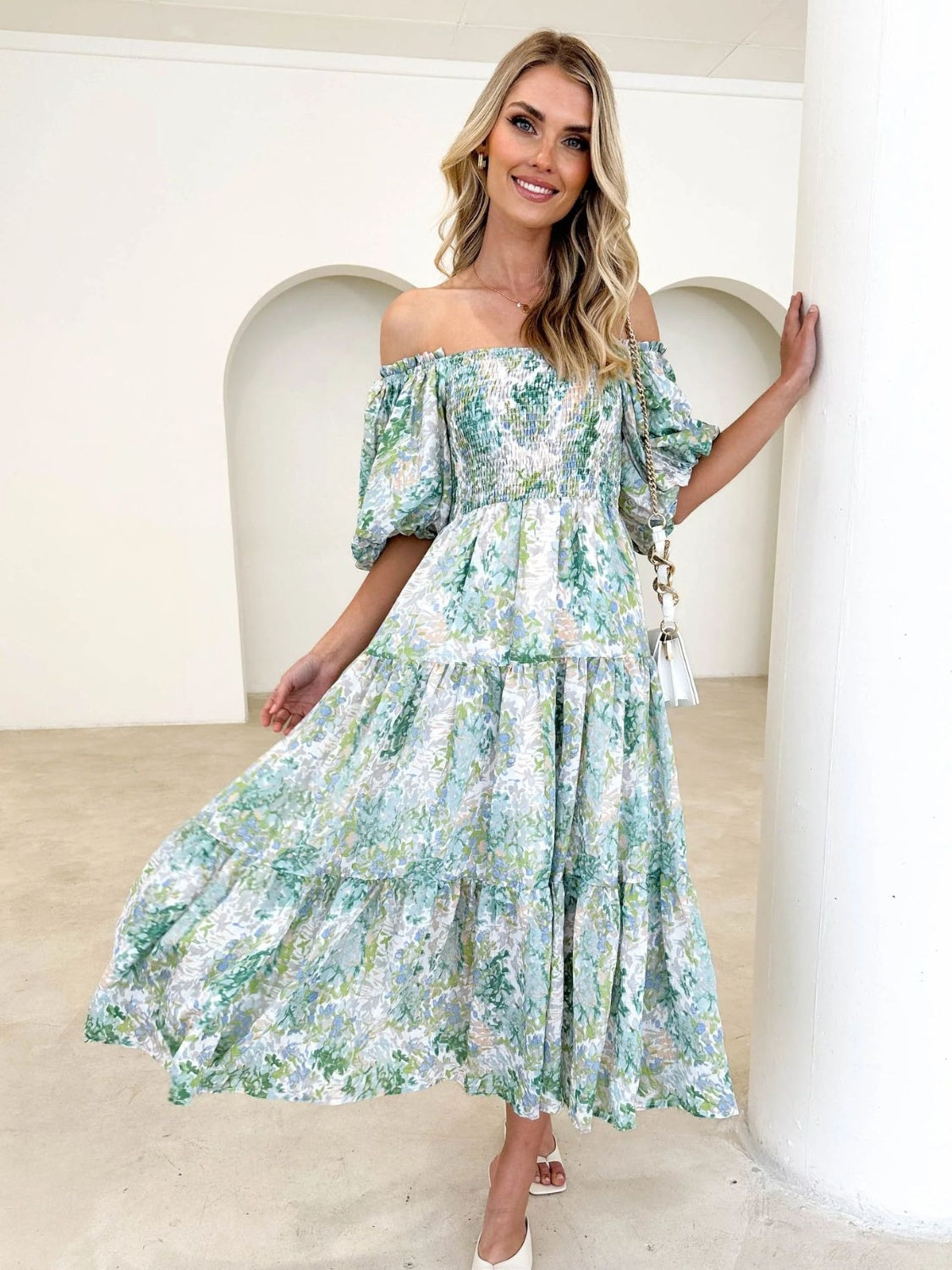 Printed Smocked Off-Shoulder Tiered Dress.