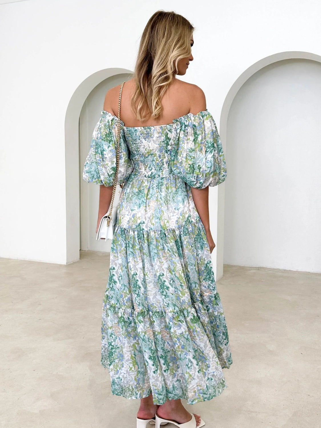 Printed Smocked Off-Shoulder Tiered Dress.