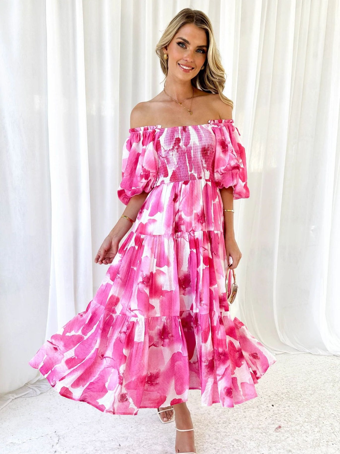 Printed Smocked Off-Shoulder Tiered Dress.