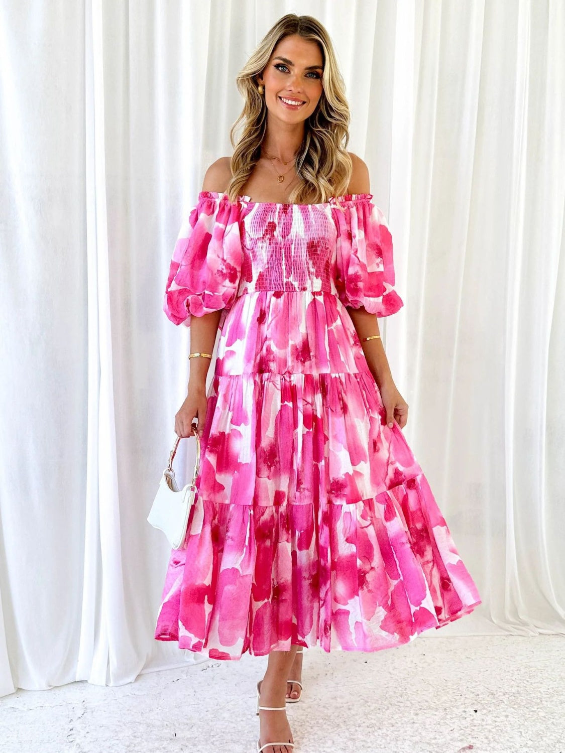 Printed Smocked Off-Shoulder Tiered Dress.