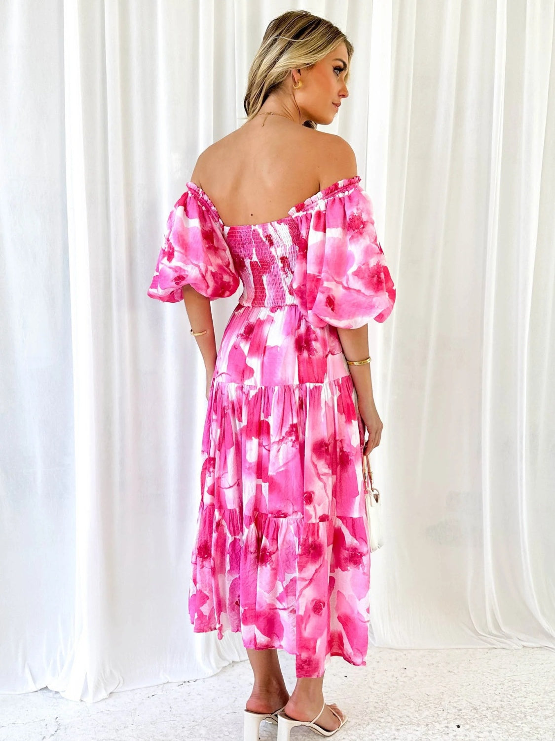 Printed Smocked Off-Shoulder Tiered Dress.