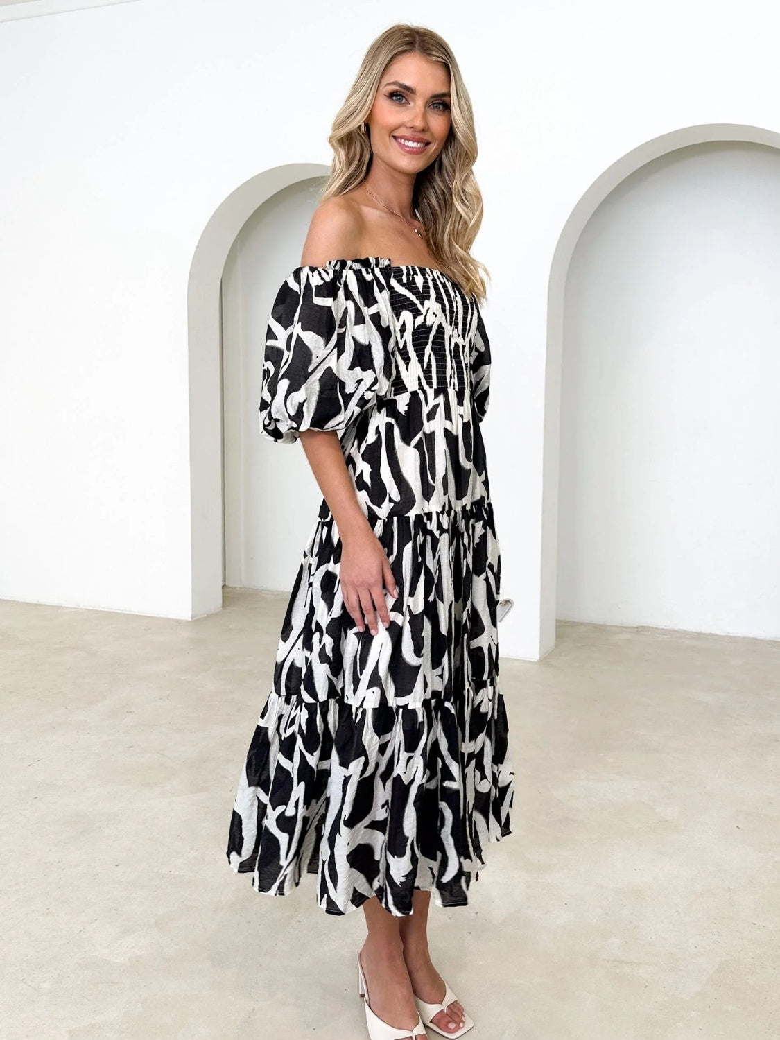 Printed Smocked Off-Shoulder Tiered Dress.