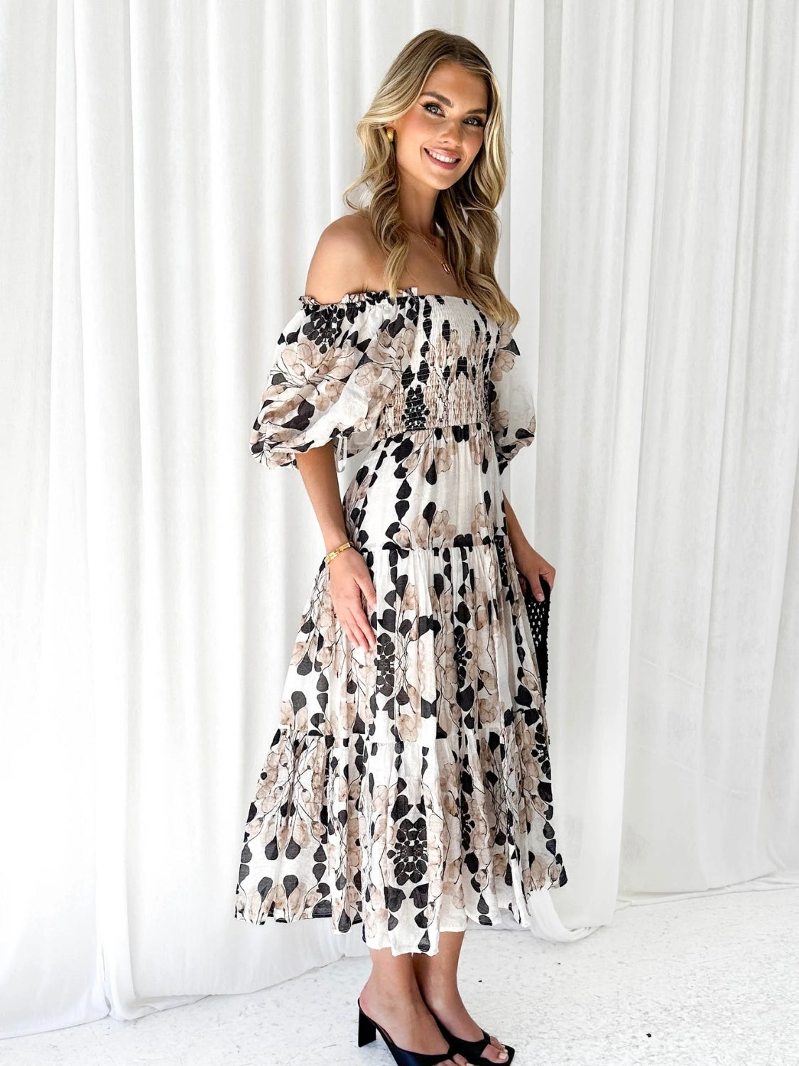 Printed Smocked Off-Shoulder Tiered Dress.