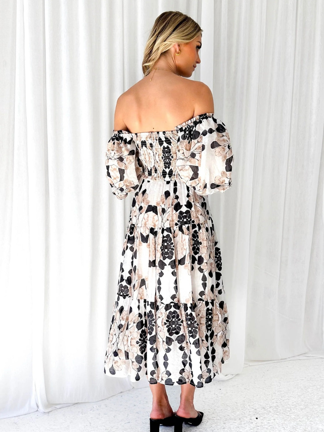 Printed Smocked Off-Shoulder Tiered Dress.