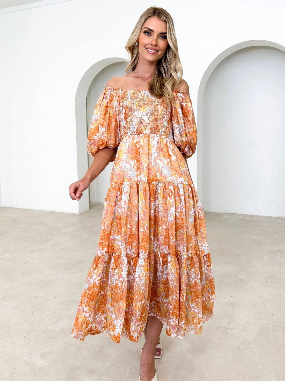 Printed Smocked Off-Shoulder Tiered Dress.