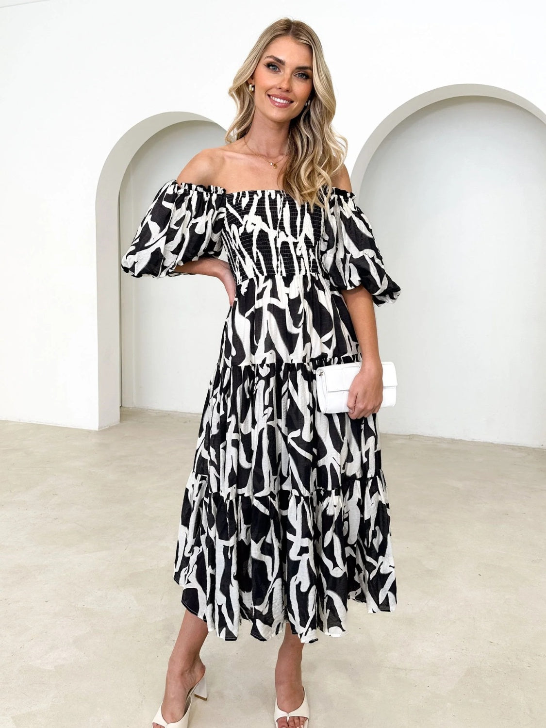 Printed Smocked Off-Shoulder Tiered Dress.