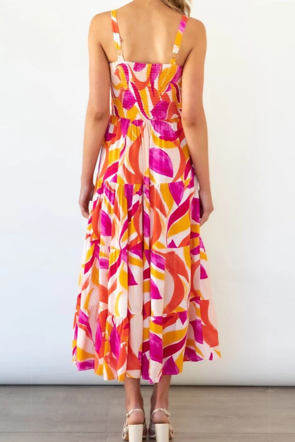 Printed Smocked Square Neck Tiered Sleeveless Dress.