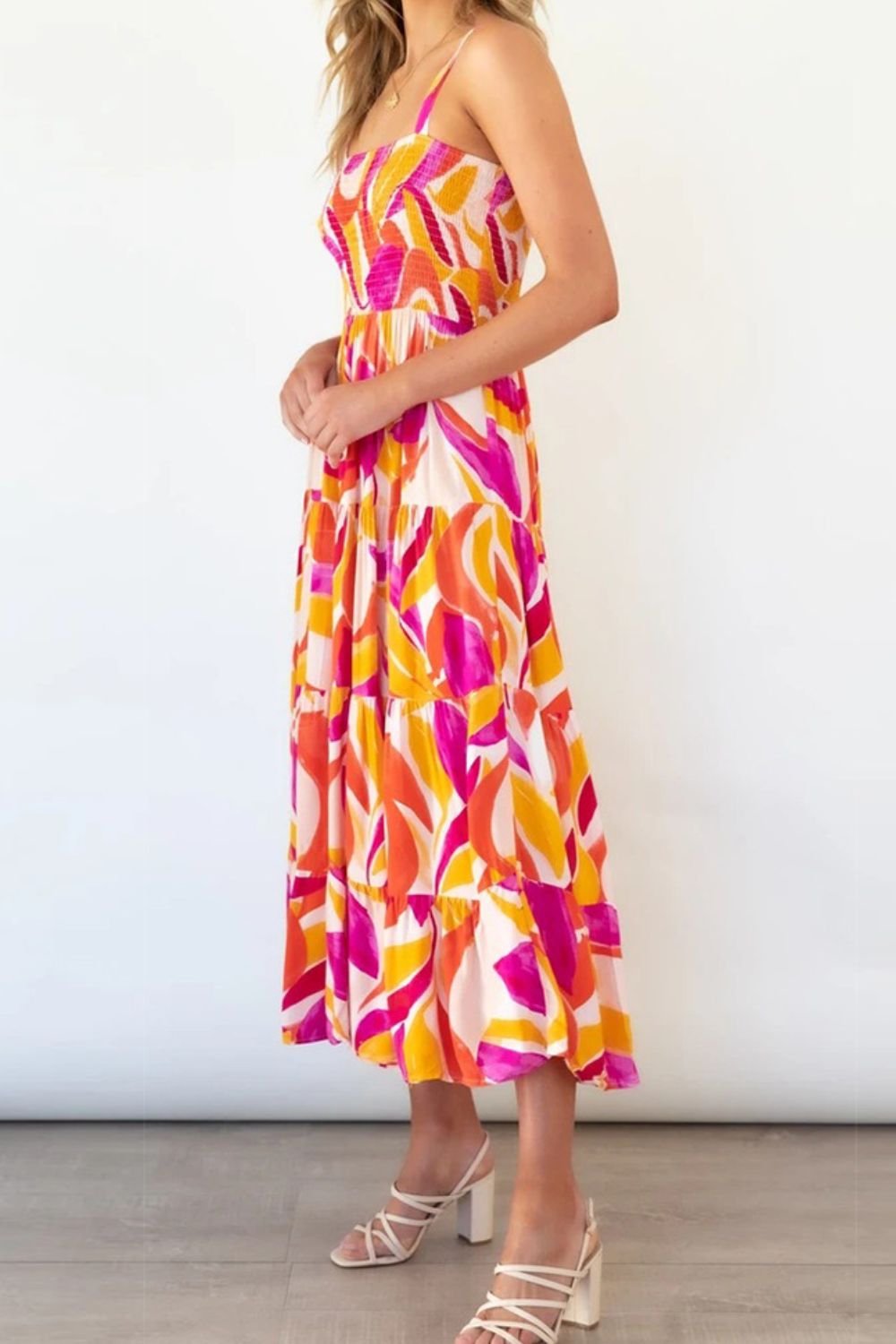Printed Smocked Square Neck Tiered Sleeveless Dress.