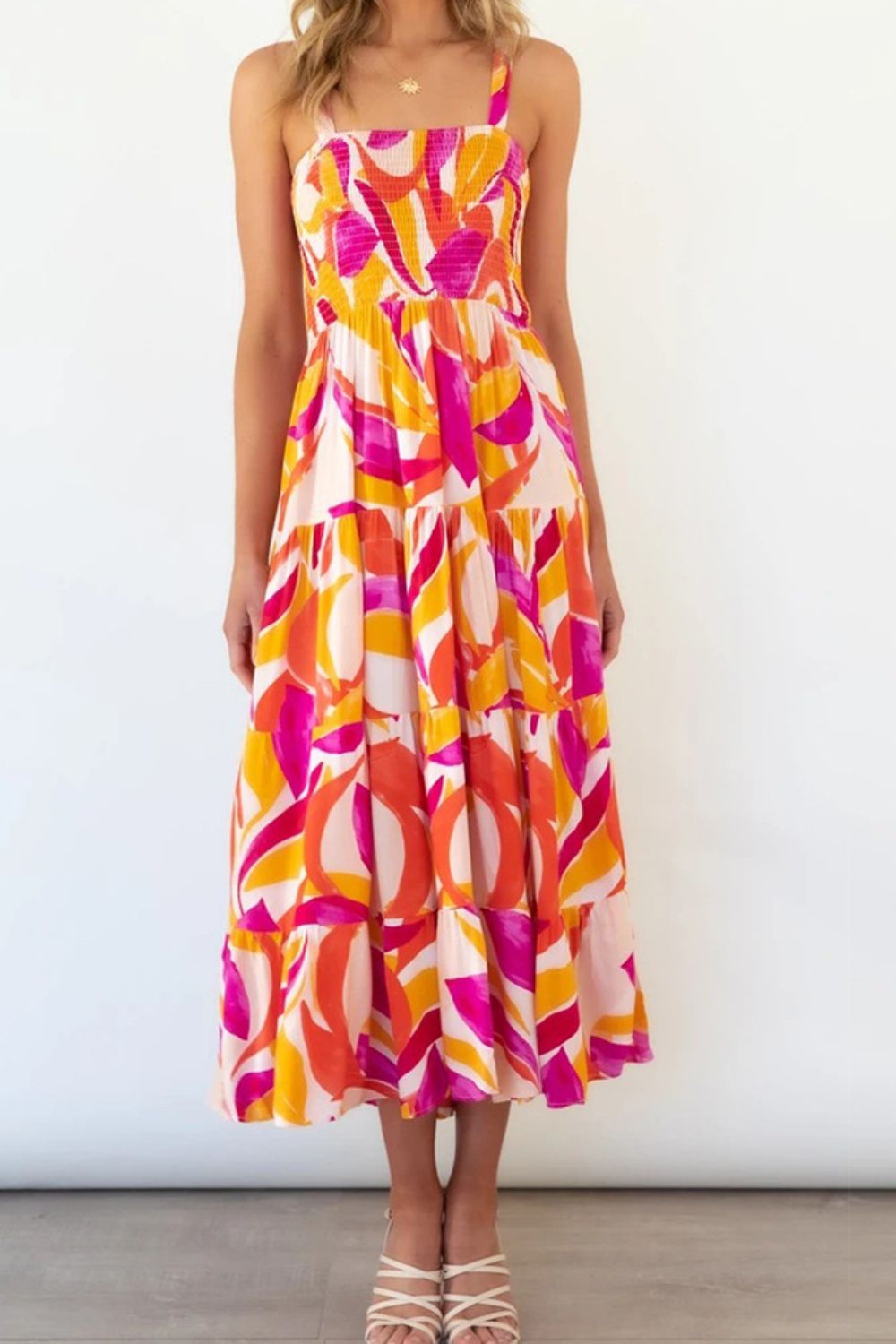 Printed Smocked Square Neck Tiered Sleeveless Dress.