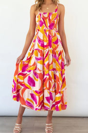 Printed Smocked Square Neck Tiered Sleeveless Dress.