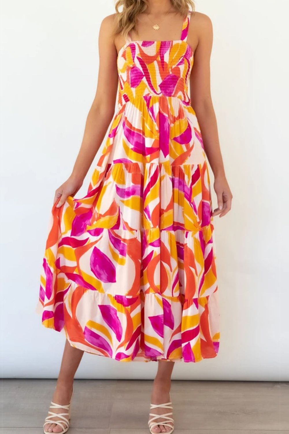 Printed Smocked Square Neck Tiered Sleeveless Dress.