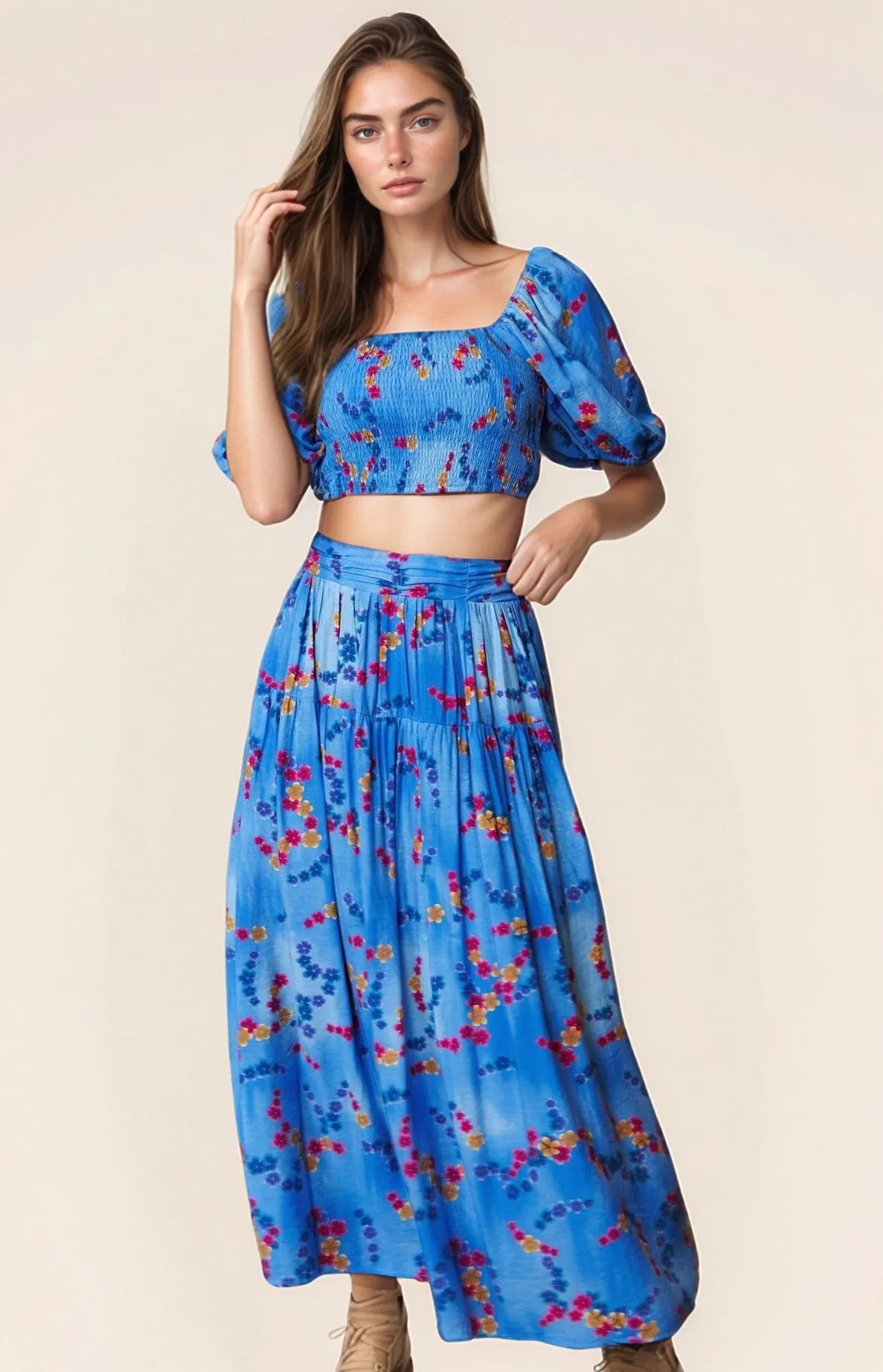 Davi Dani Printed Smocking Waistband Ruffled Maxi Skirt.