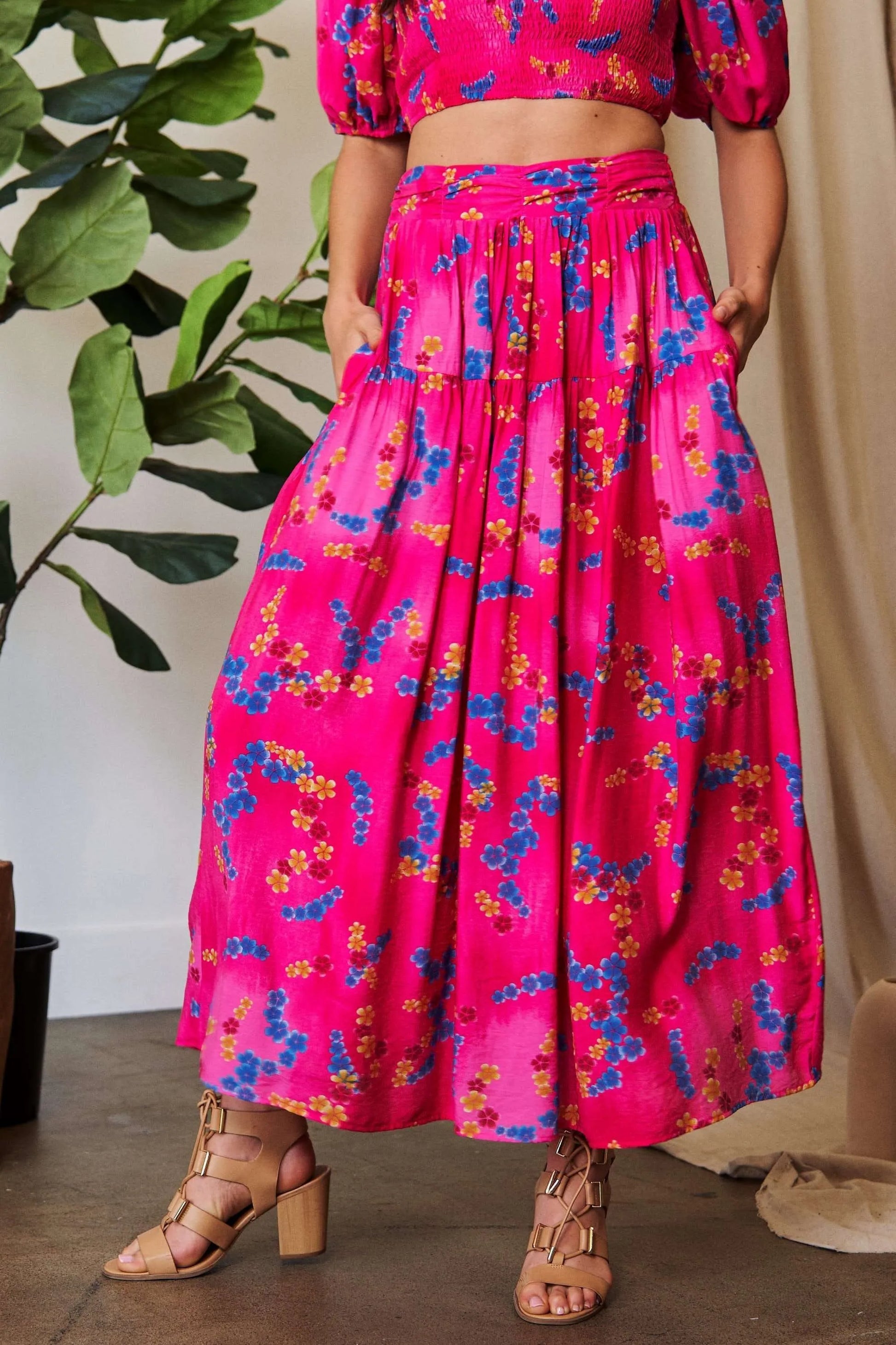 Davi Dani Printed Smocking Waistband Ruffled Maxi Skirt.