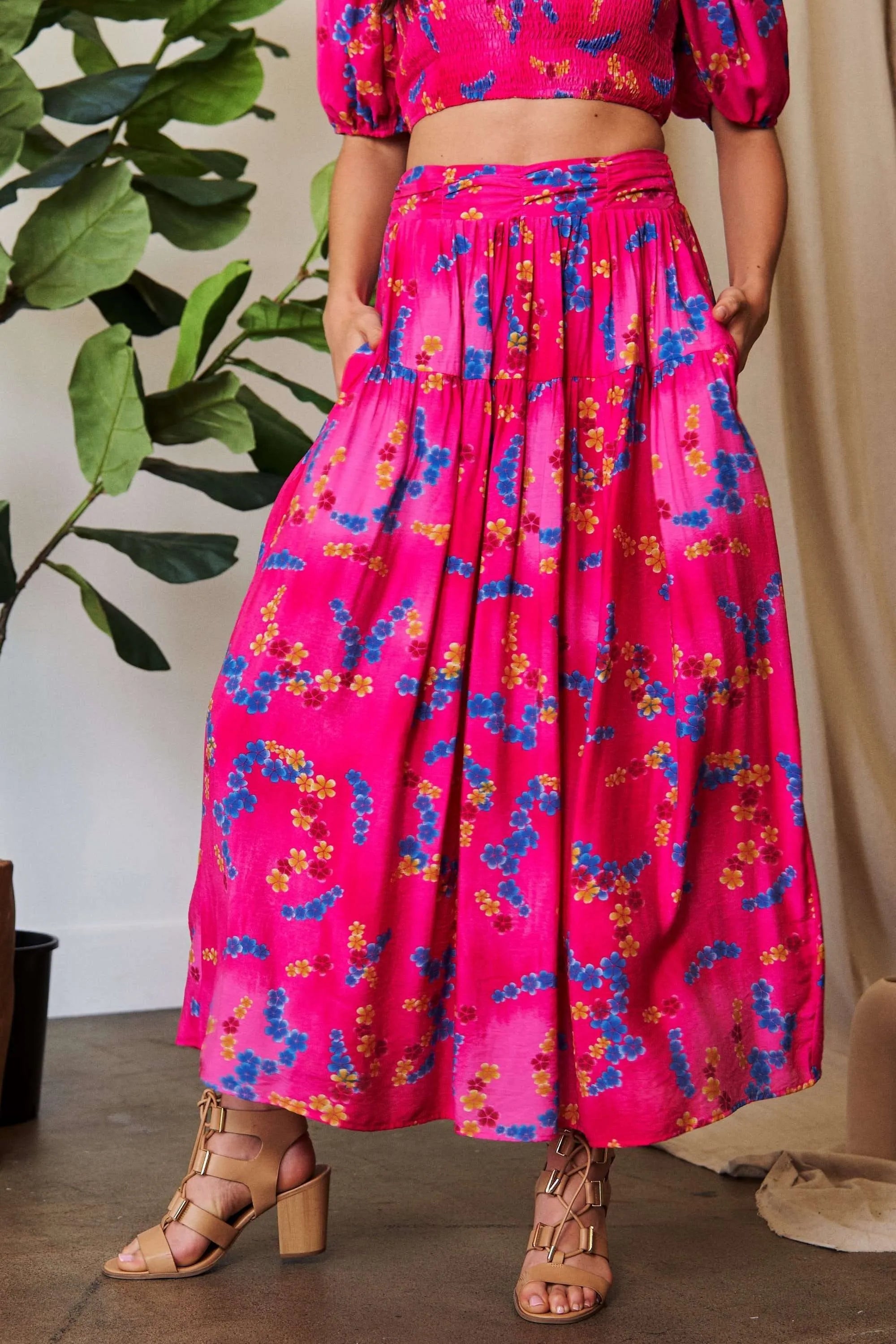 Davi Dani Printed Smocking Waistband Ruffled Maxi Skirt.