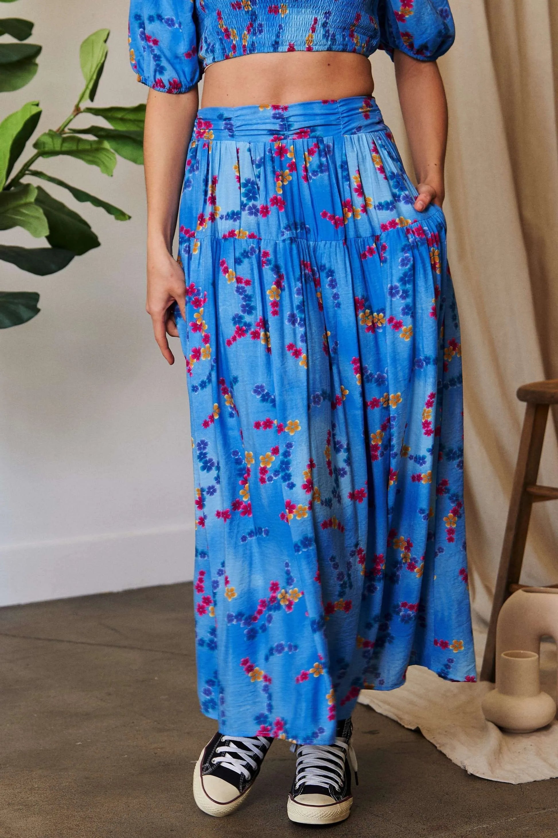 Davi Dani Printed Smocking Waistband Ruffled Maxi Skirt.
