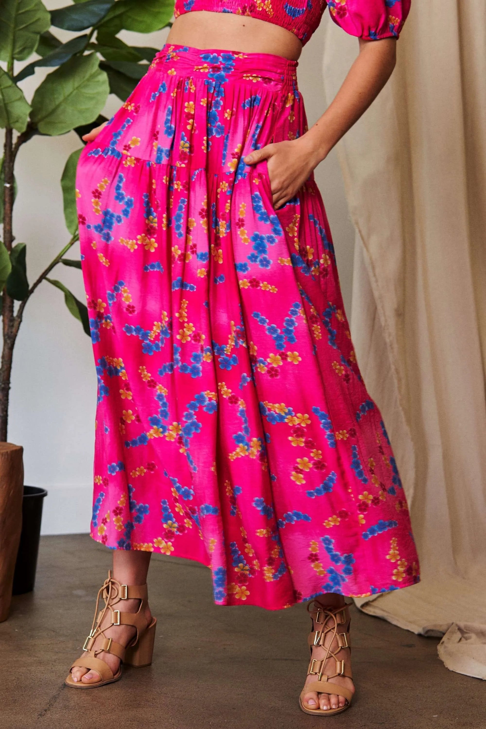 Davi Dani Printed Smocking Waistband Ruffled Maxi Skirt.