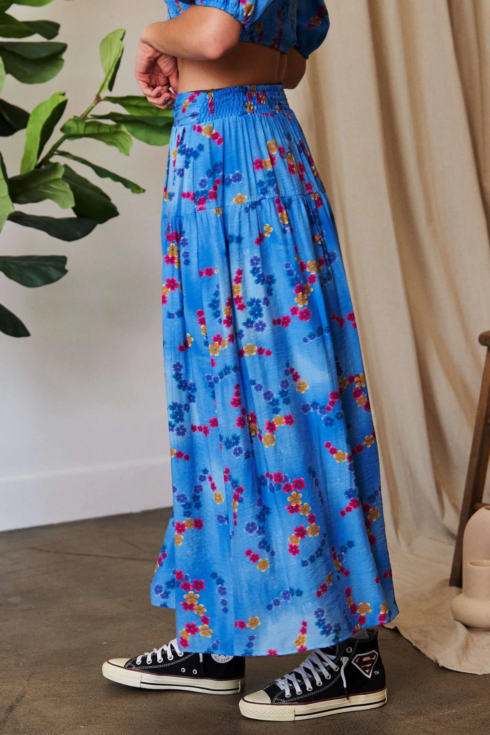 Davi Dani Printed Smocking Waistband Ruffled Maxi Skirt.