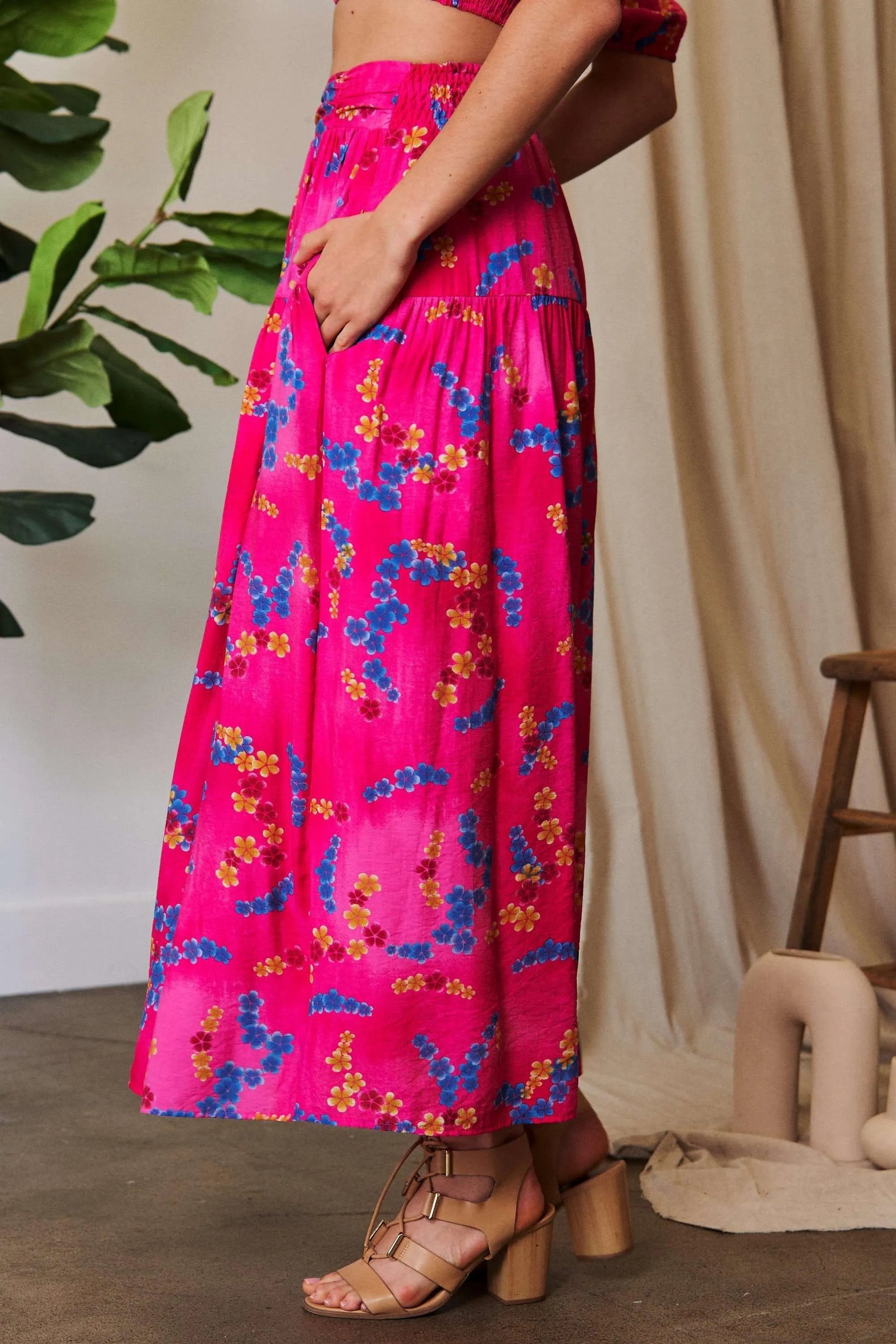 Davi Dani Printed Smocking Waistband Ruffled Maxi Skirt.