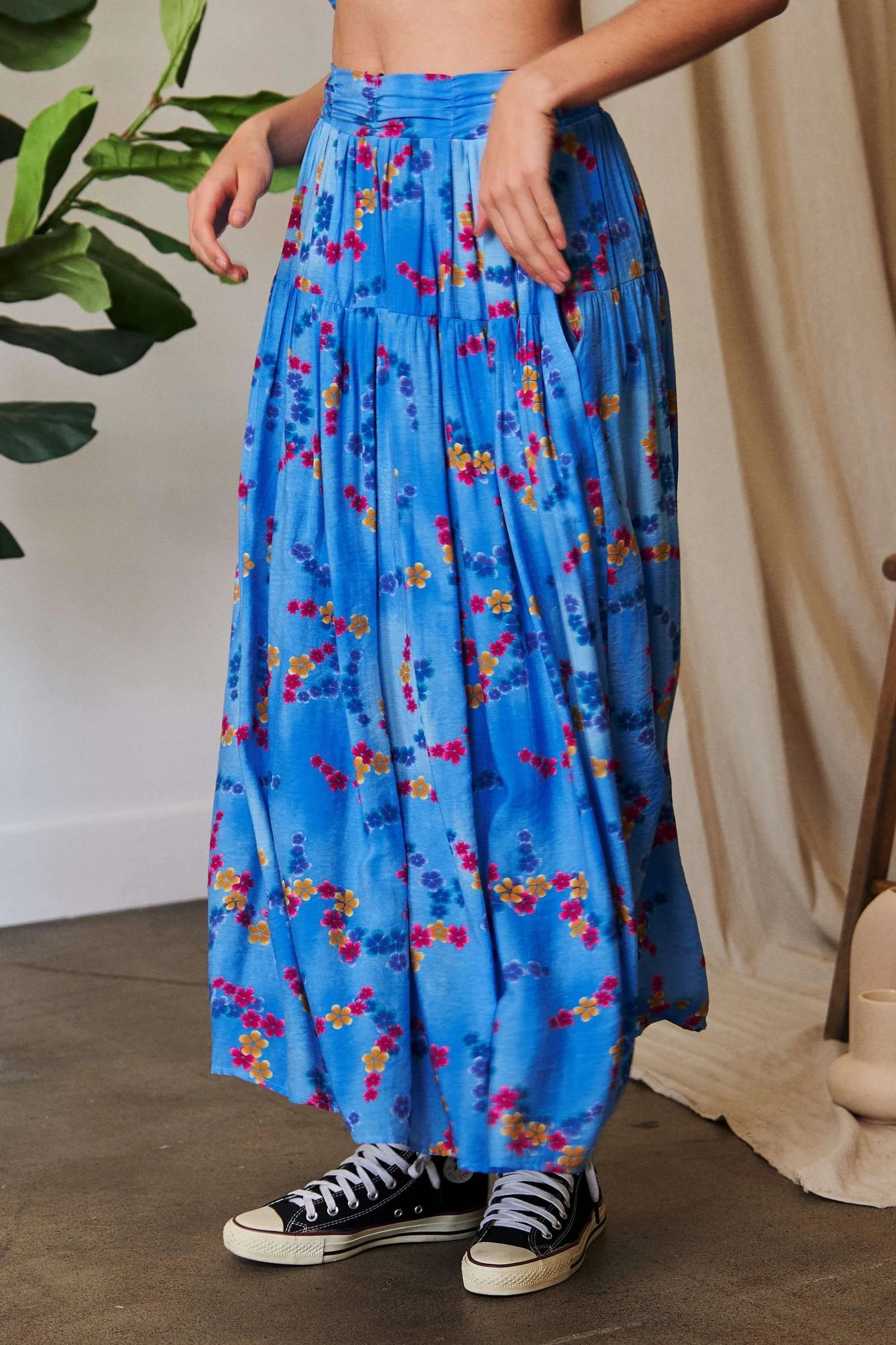 Davi Dani Printed Smocking Waistband Ruffled Maxi Skirt.