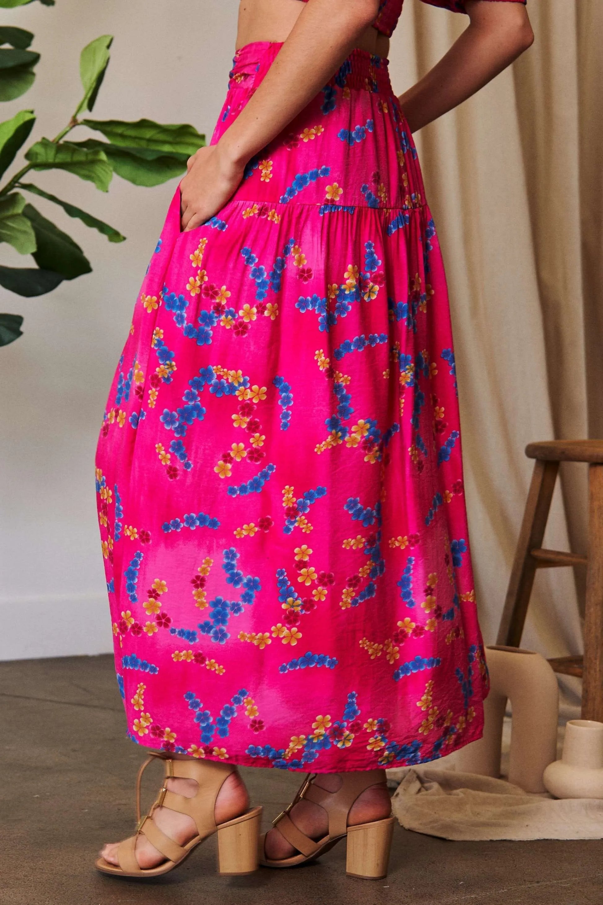 Davi Dani Printed Smocking Waistband Ruffled Maxi Skirt.