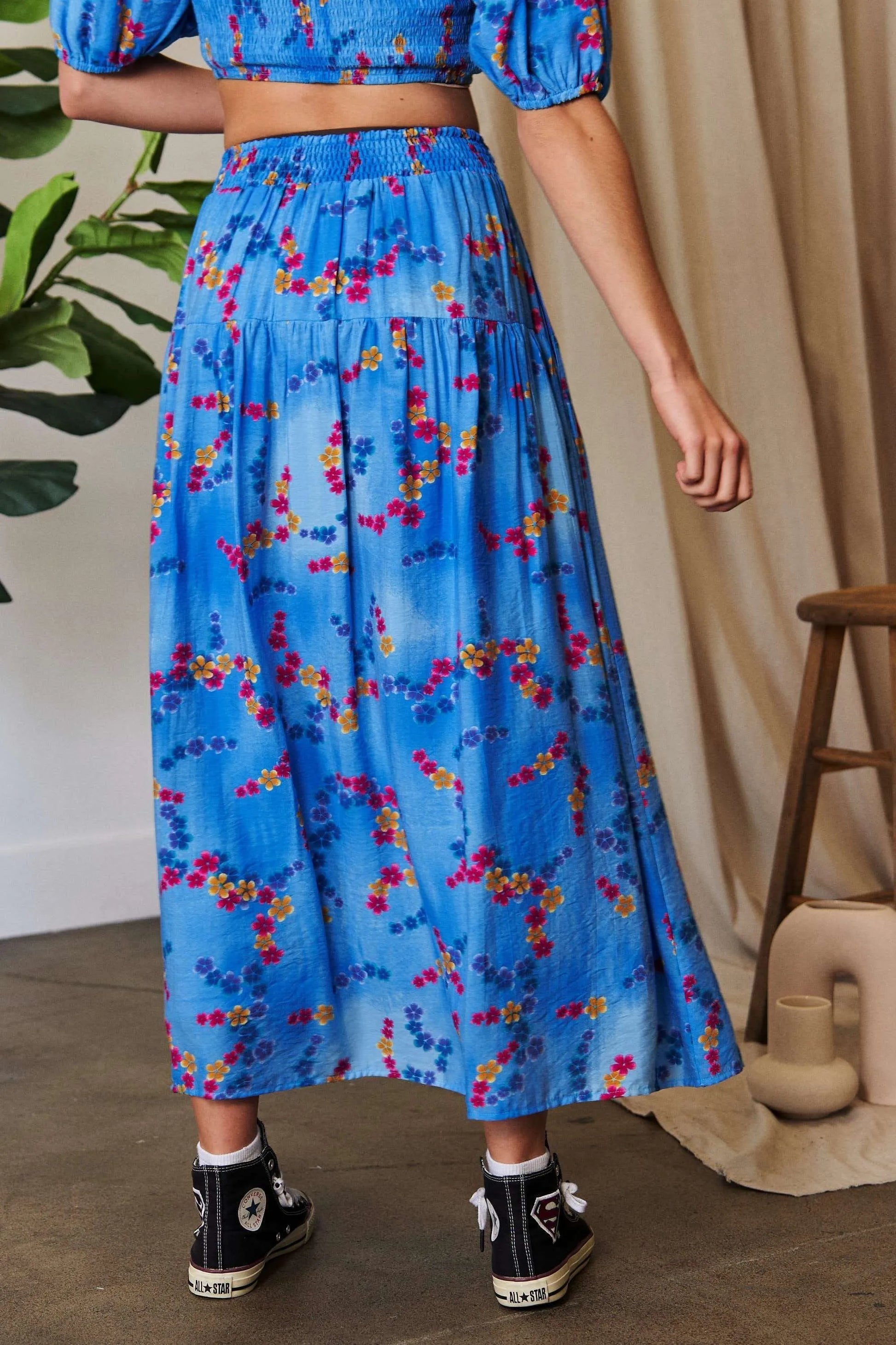 Davi Dani Printed Smocking Waistband Ruffled Maxi Skirt.