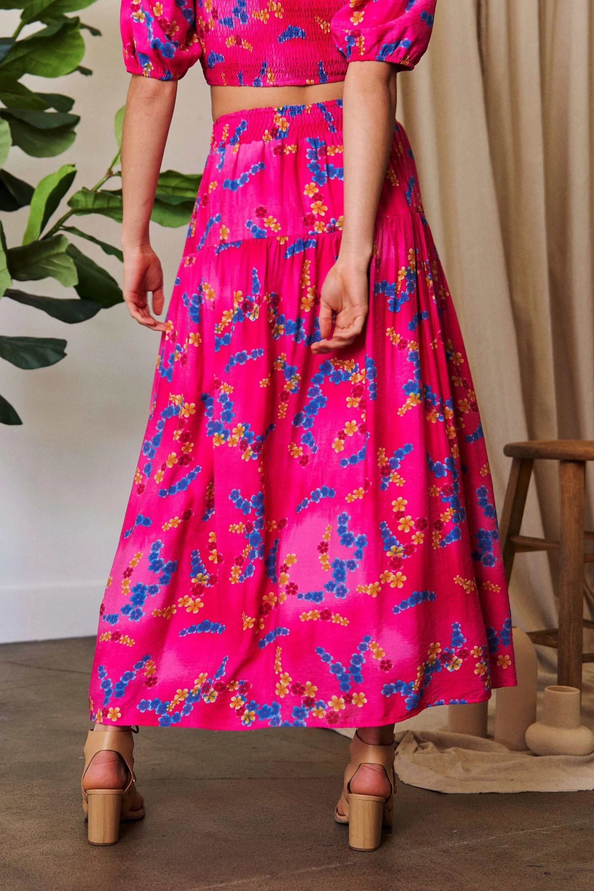 Davi Dani Printed Smocking Waistband Ruffled Maxi Skirt.