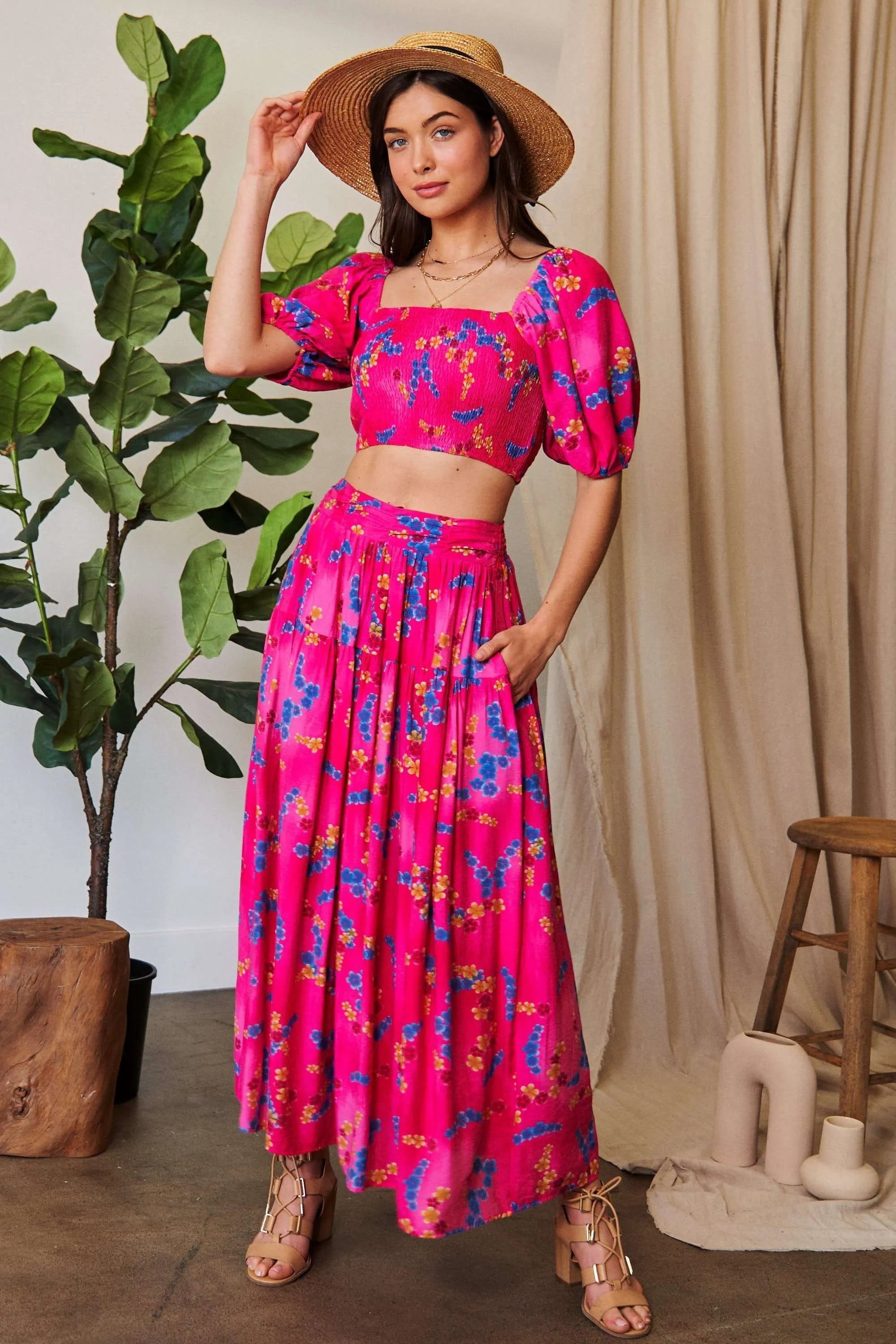 Davi Dani Printed Smocking Waistband Ruffled Maxi Skirt.