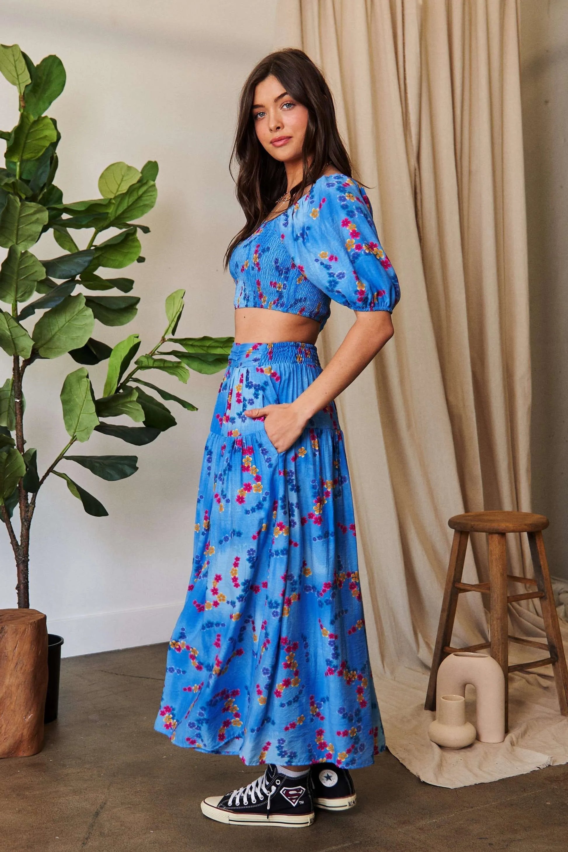 Davi Dani Printed Smocking Waistband Ruffled Maxi Skirt.