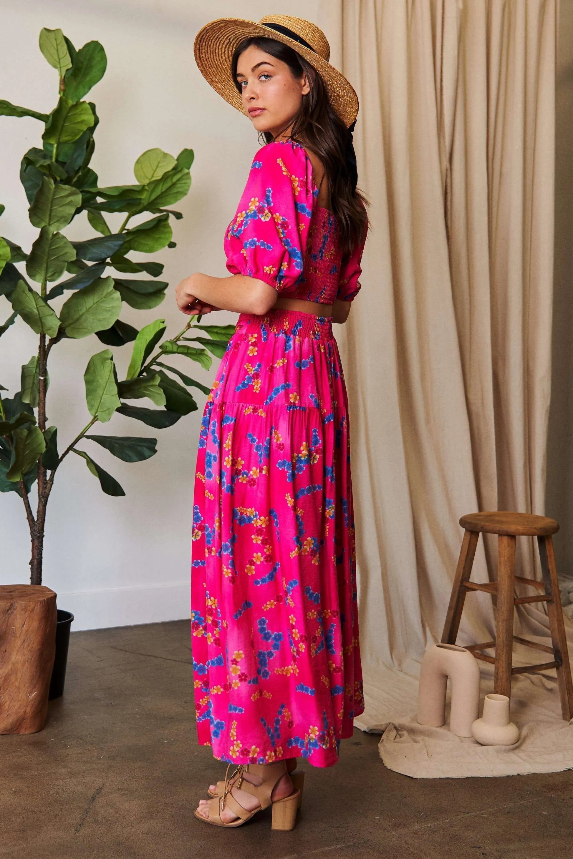 Davi Dani Printed Smocking Waistband Ruffled Maxi Skirt.