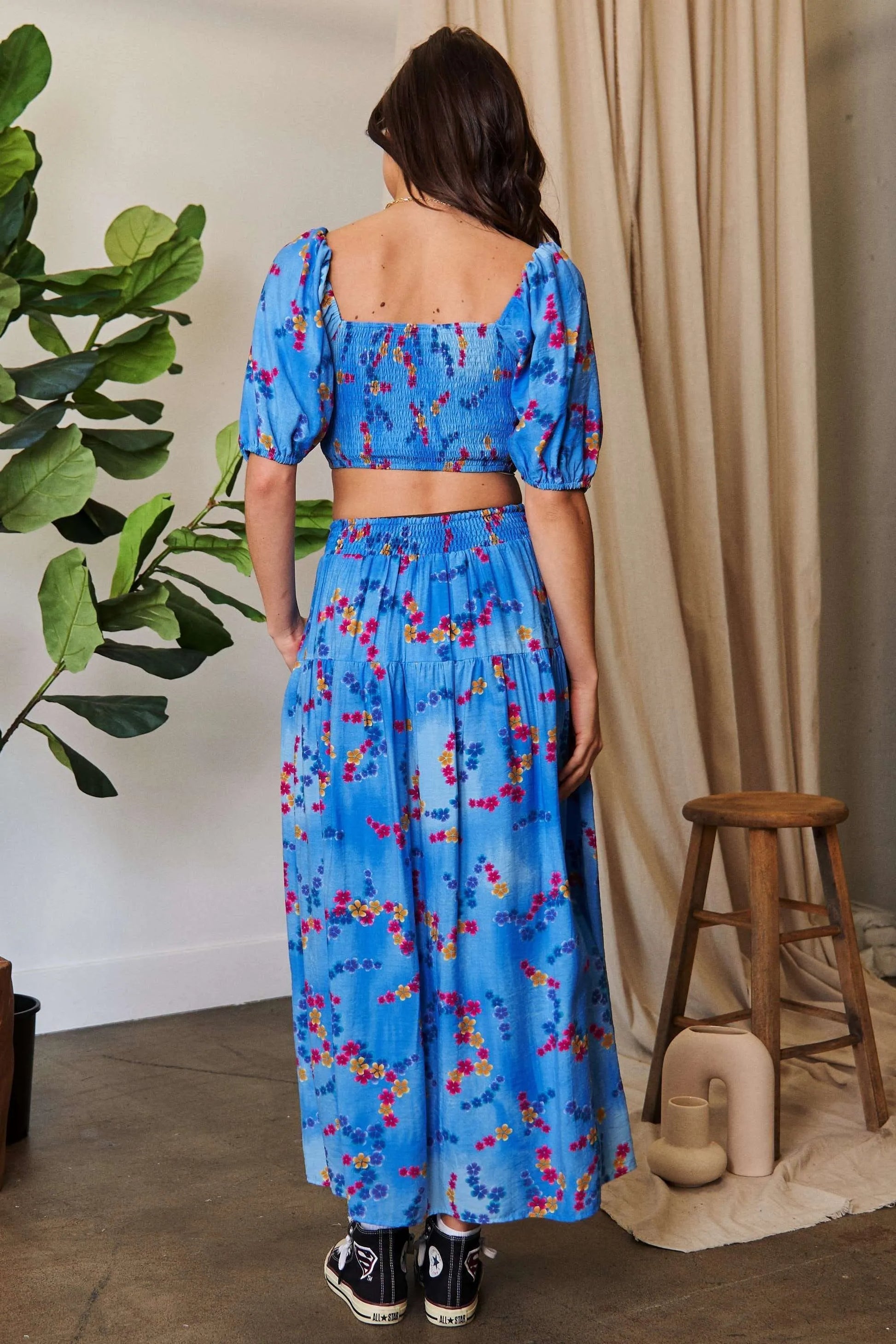 Davi Dani Printed Smocking Waistband Ruffled Maxi Skirt.