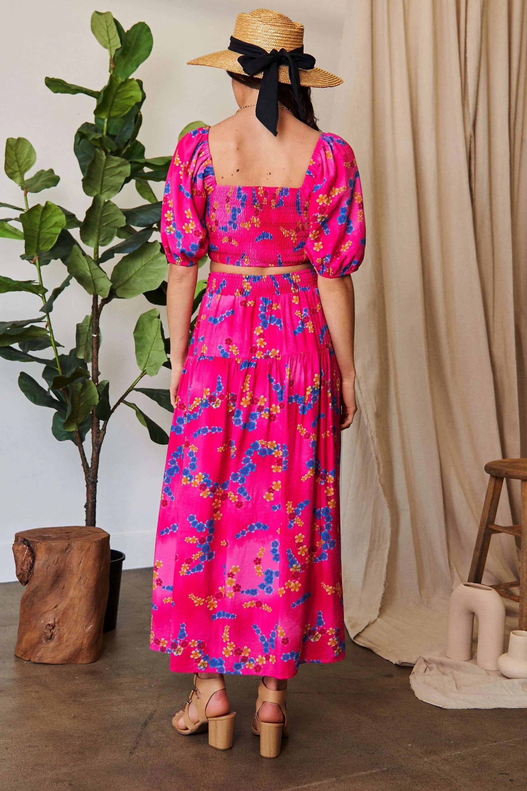 Davi Dani Printed Smocking Waistband Ruffled Maxi Skirt.