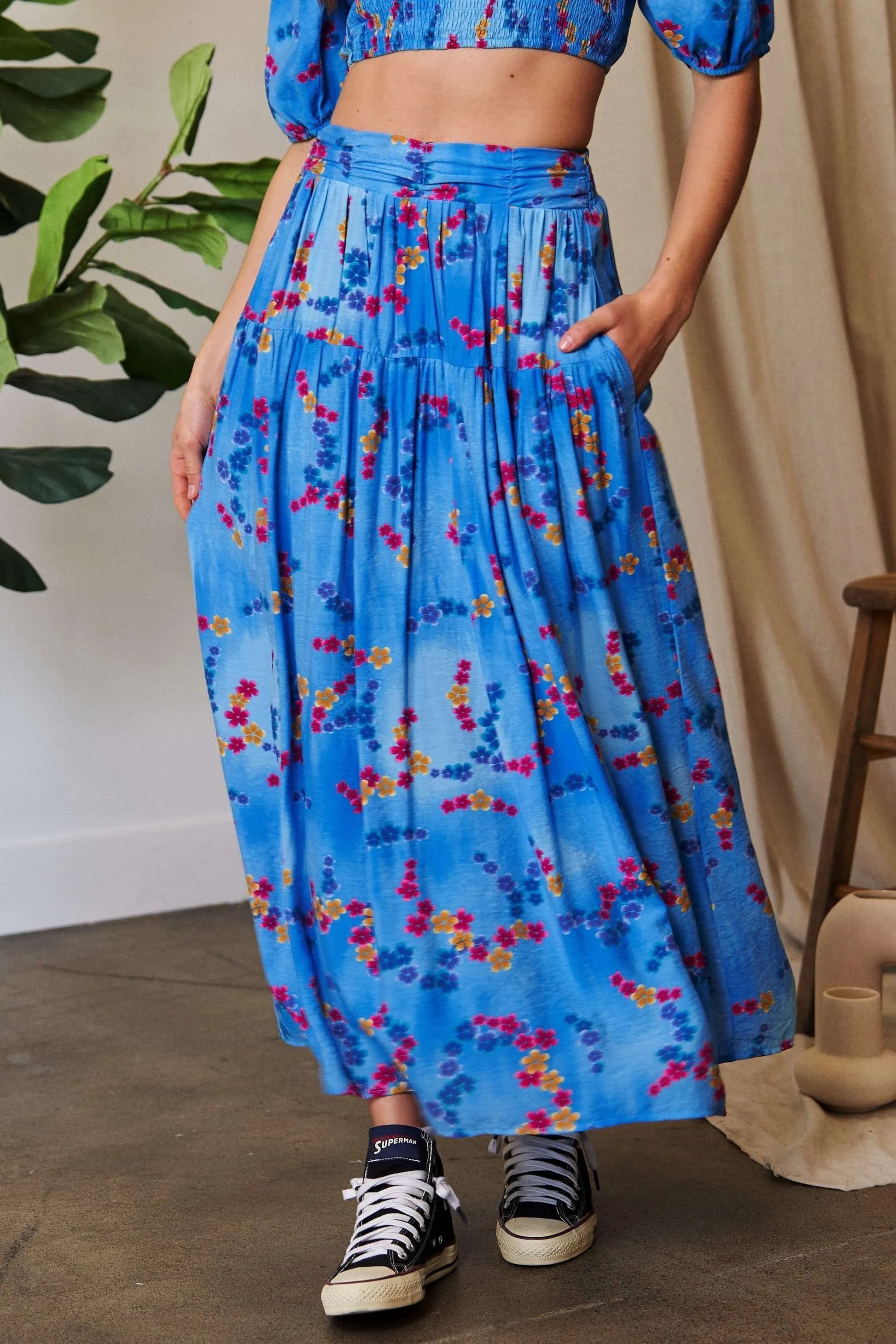 Davi Dani Printed Smocking Waistband Ruffled Maxi Skirt.