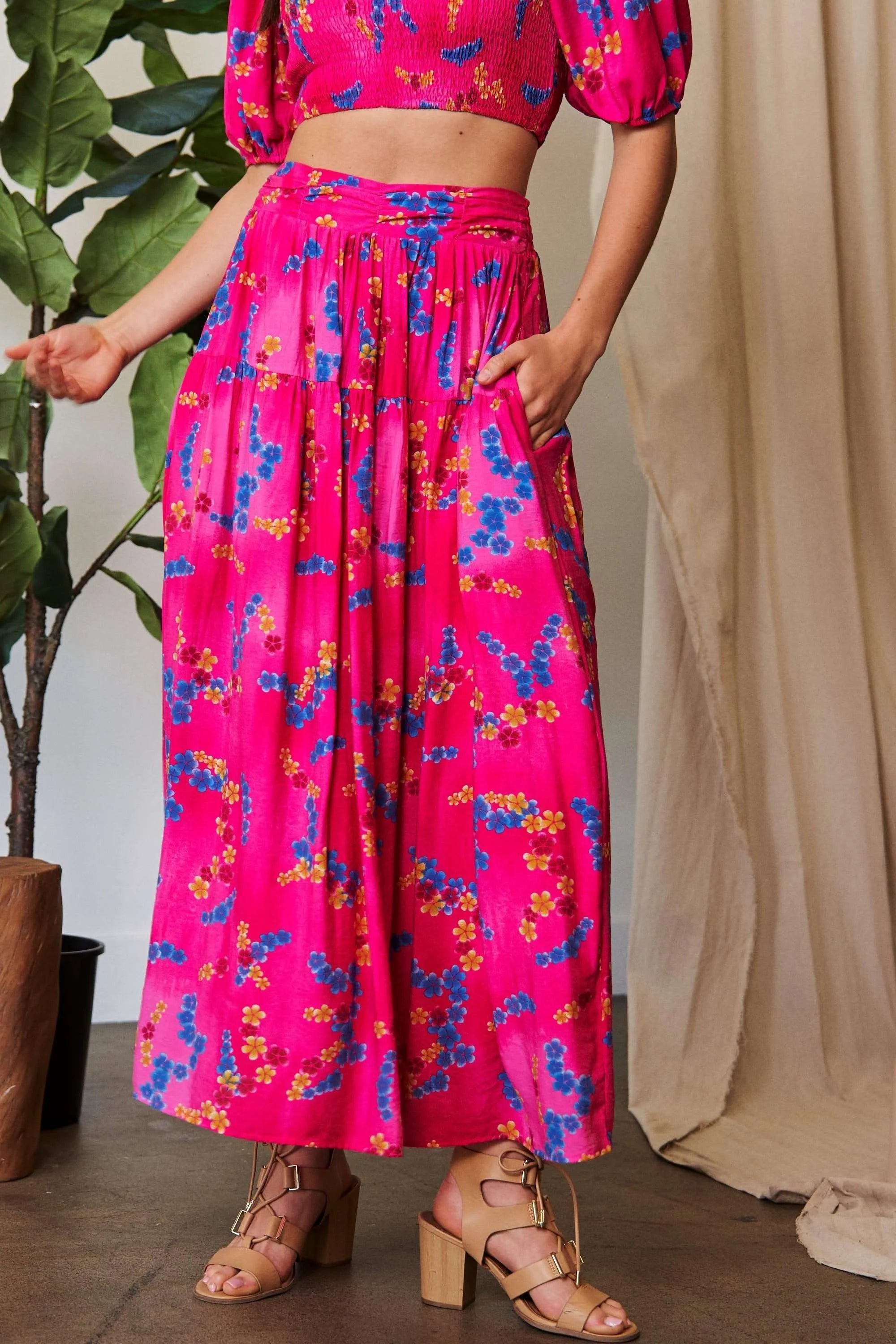 Davi Dani Printed Smocking Waistband Ruffled Maxi Skirt.