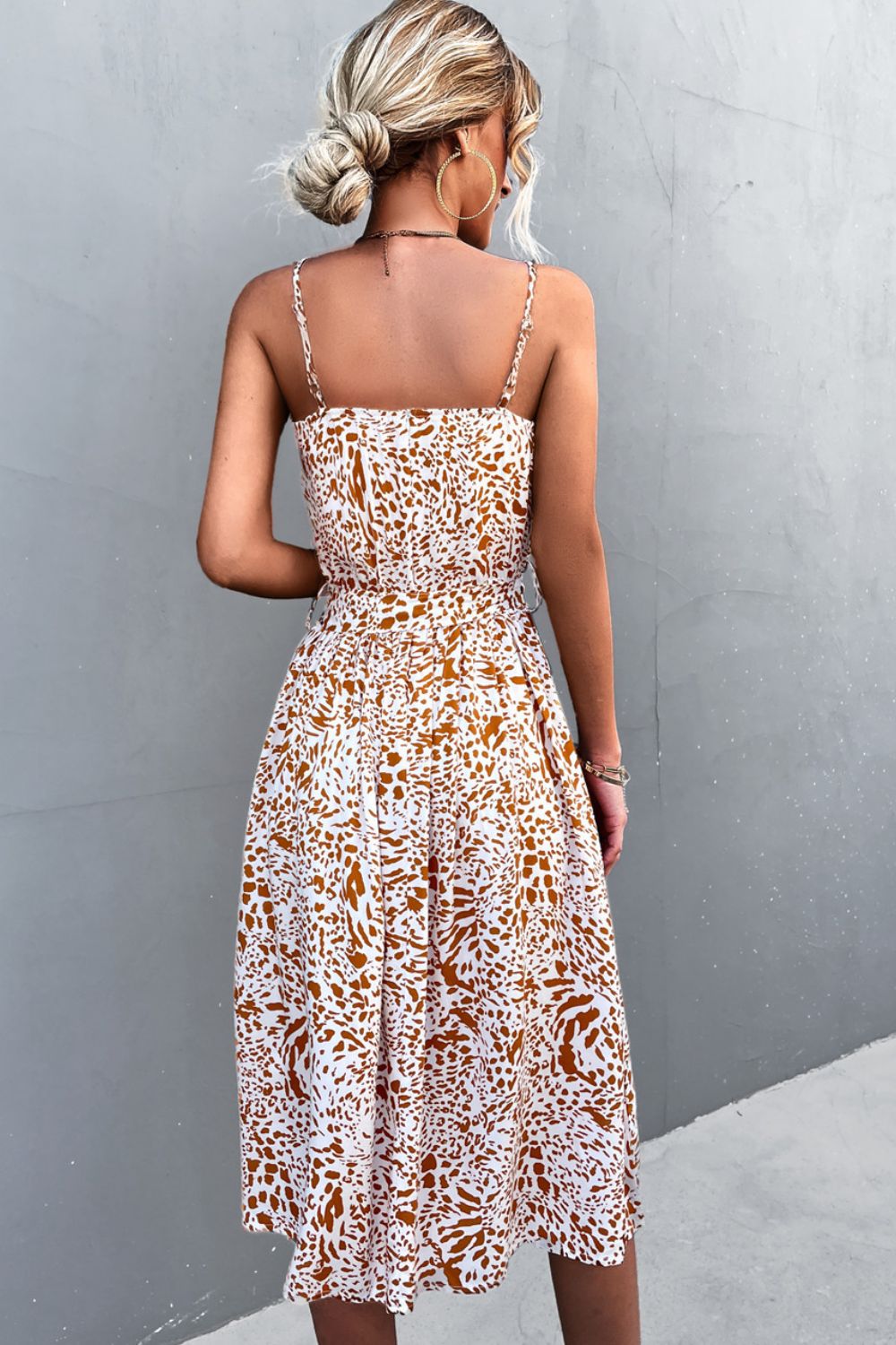 Printed Spaghetti Strap Decorative Button Belted Dress.
